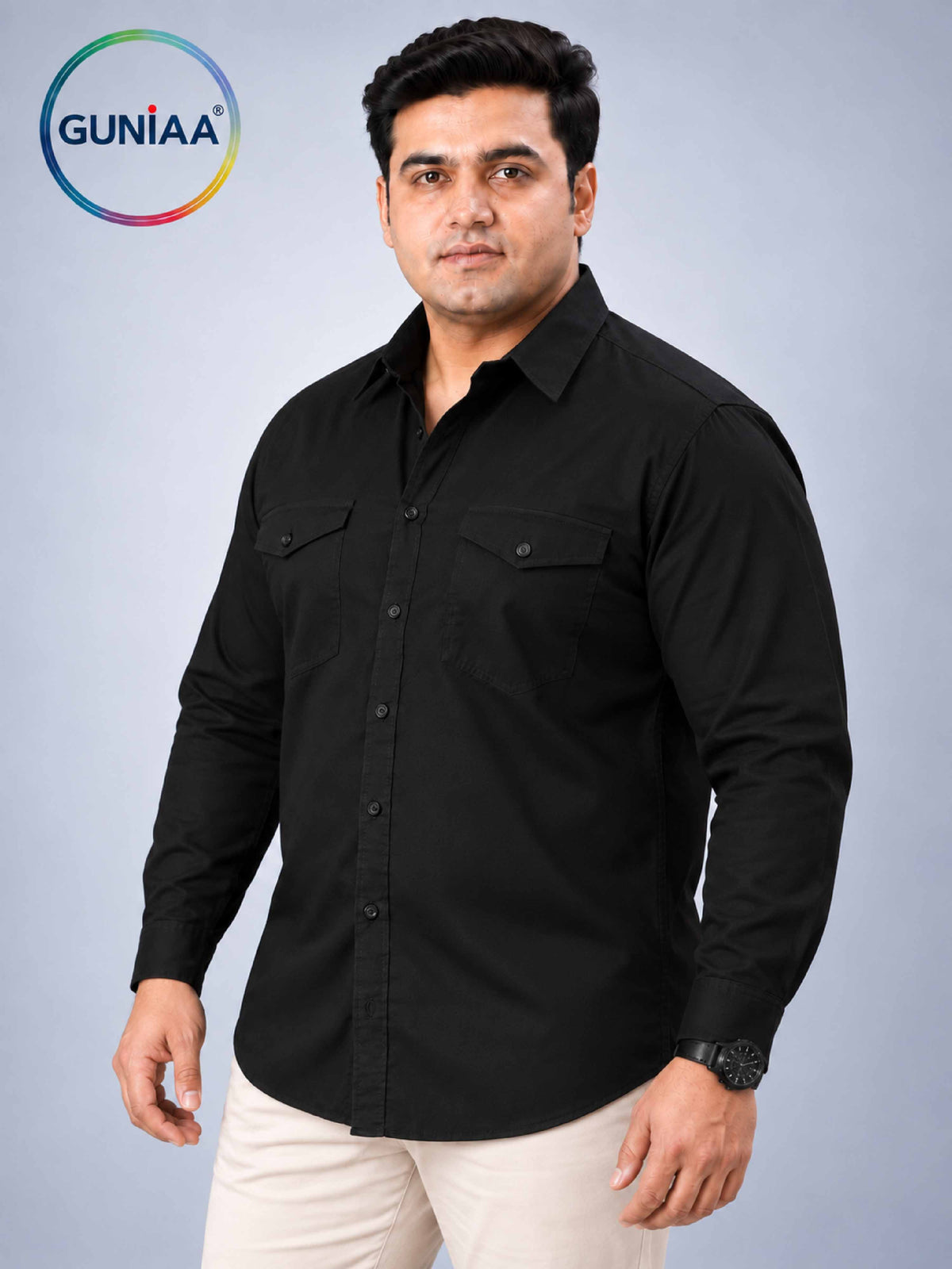 Black Solid Pure Cotton Men's Plus Size Double Pocket Full Sleeve Shirt