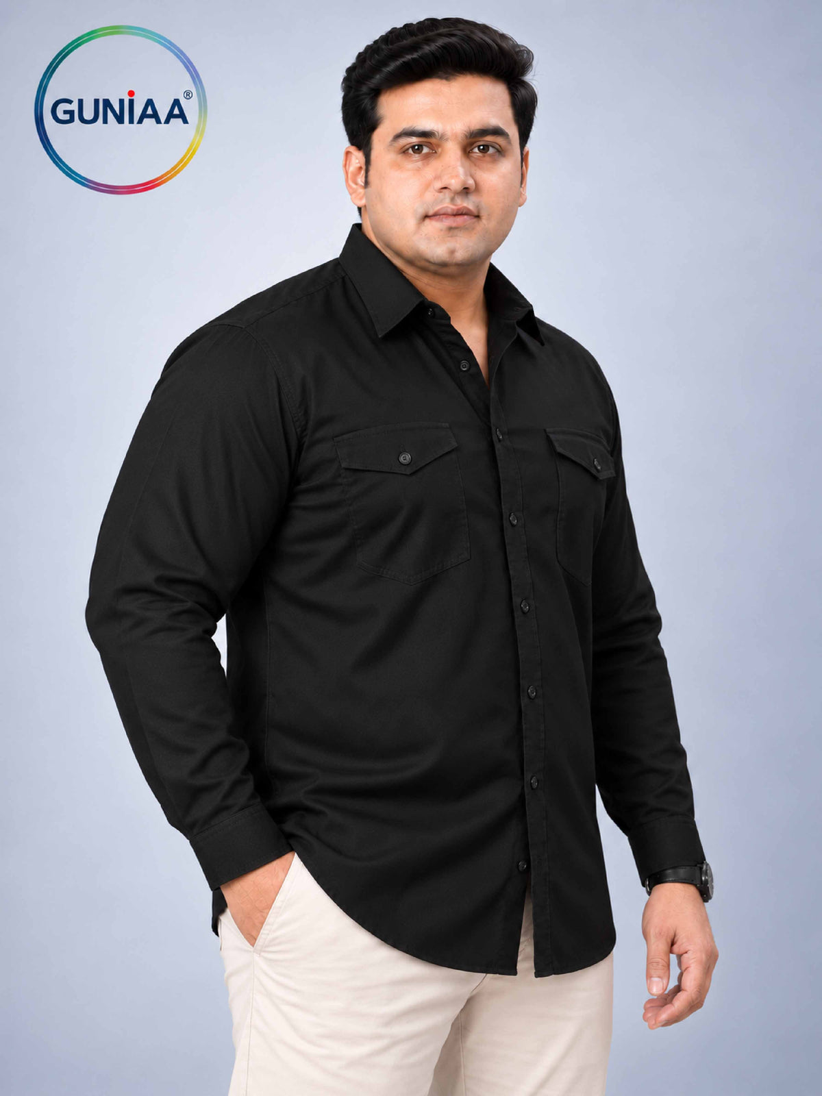 Black Solid Pure Cotton Men's Plus Size Double Pocket Full Sleeve Shirt