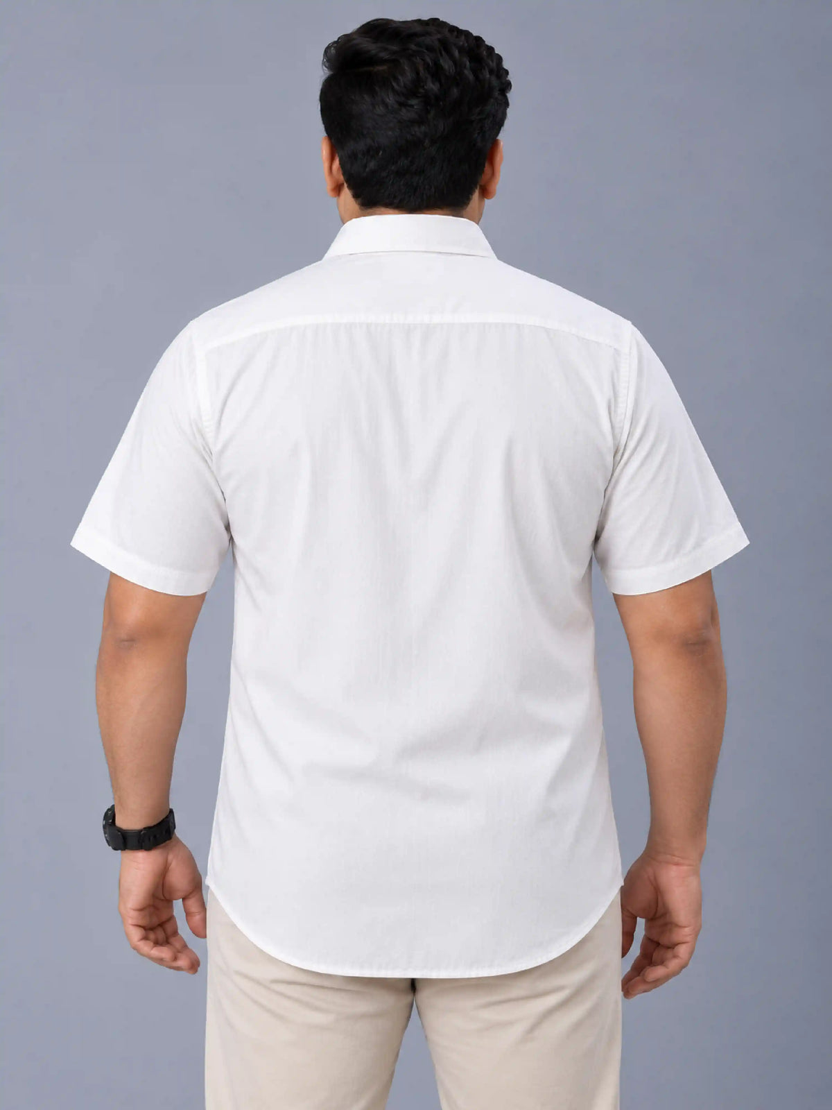 White Solid Pure Cotton Men's Plus Size Double Pocket Half Sleeve Shirt