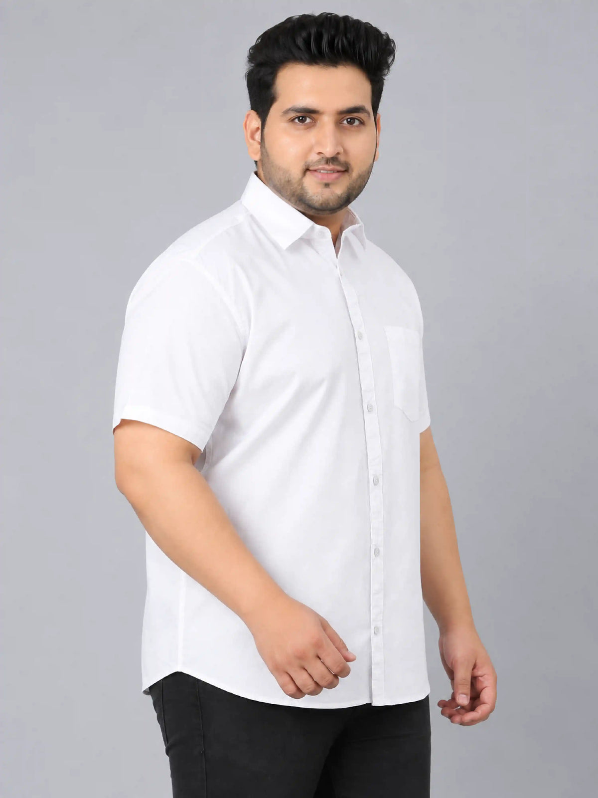 White Solid Stretchable Cotton Men's Plus Size Half Sleeve Shirt