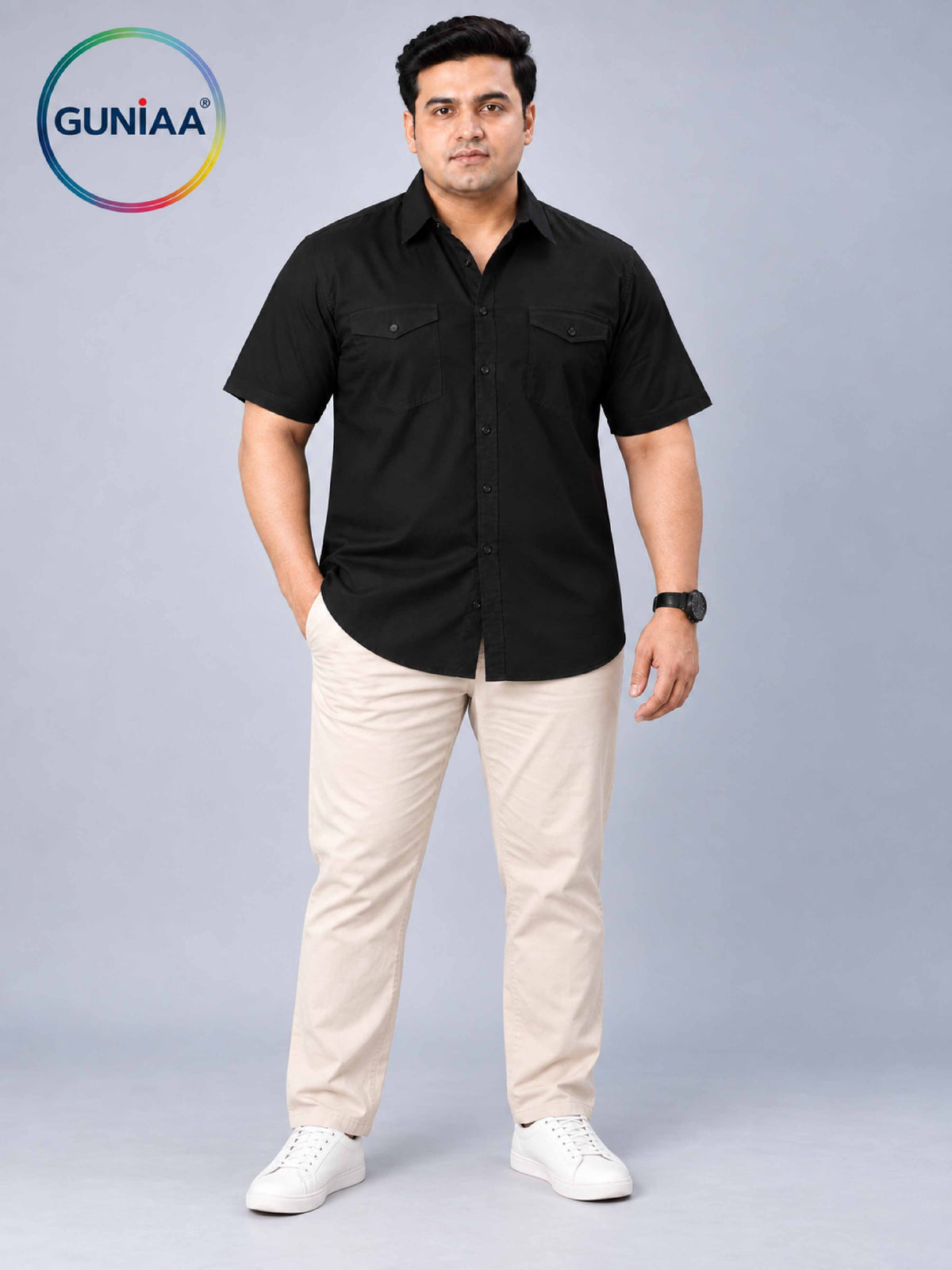 Black Solid Pure Cotton Men's Plus Size Double Pocket Half Sleeve Shirt
