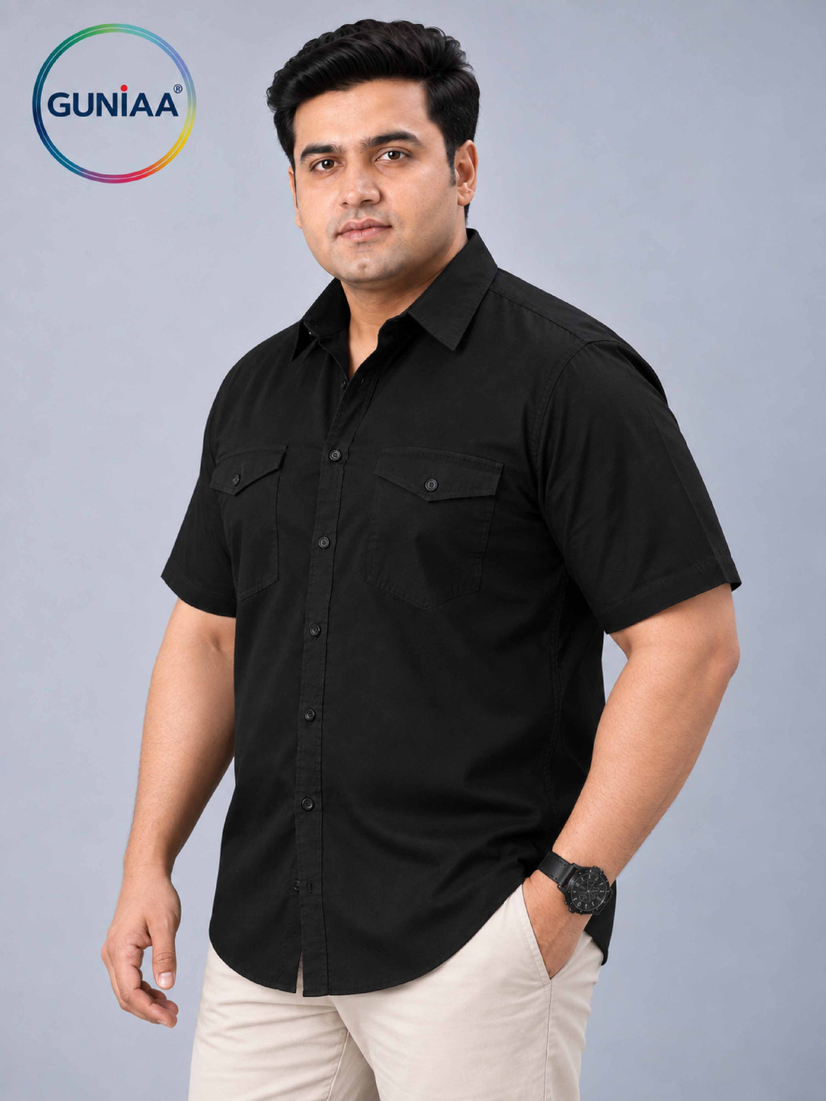 Black Solid Pure Cotton Men's Plus Size Double Pocket Half Sleeve Shirt