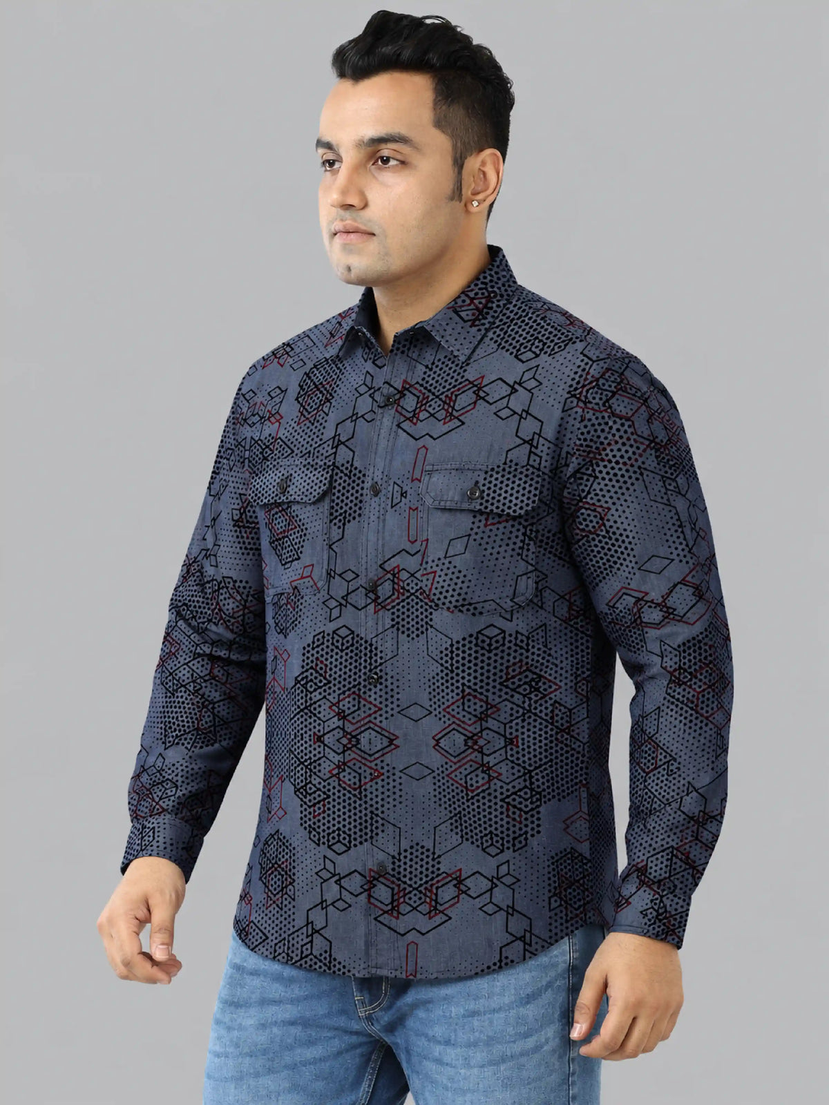 Digital Matrix Denim Printed Men's Plus Size Double Pocket Full Sleeve Shirt