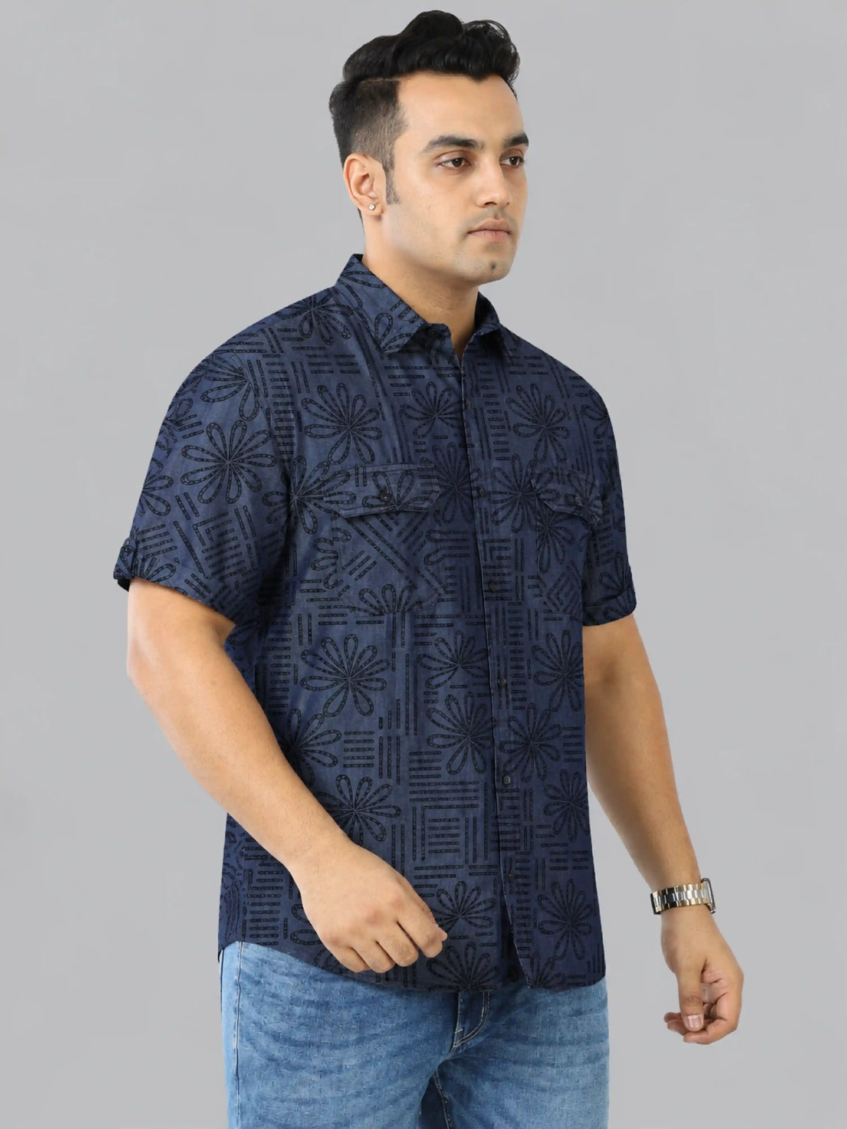 Bloom Line Denim Printed Men's Plus Size Double Pocket Half Sleeve Shirt