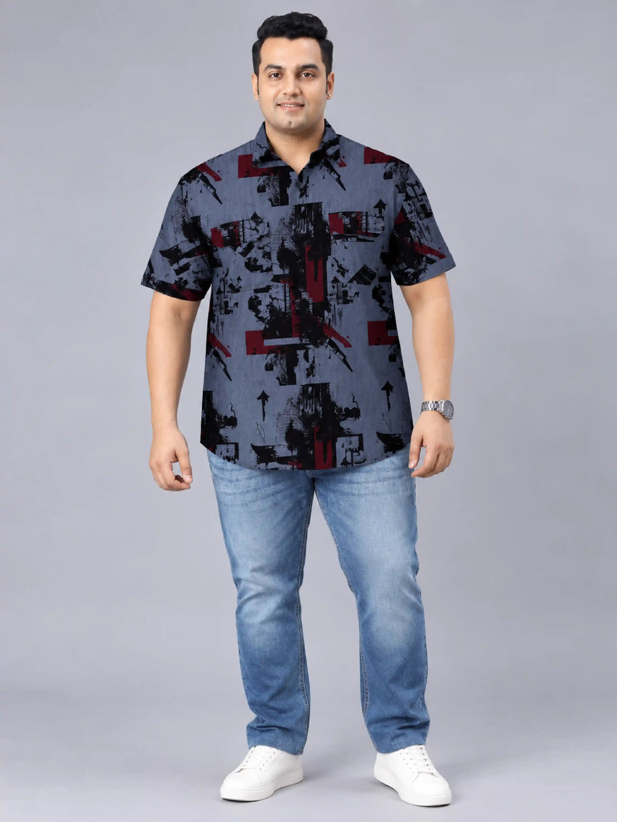 Urban Chaos Denim Printed Men's Plus Size Double Pocket Half Sleeve Shirt