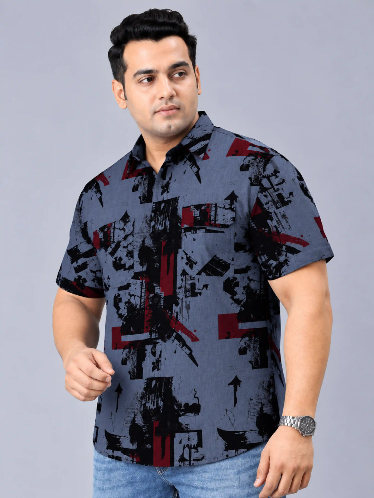 Urban Chaos Denim Printed Men's Plus Size Double Pocket Half Sleeve Shirt