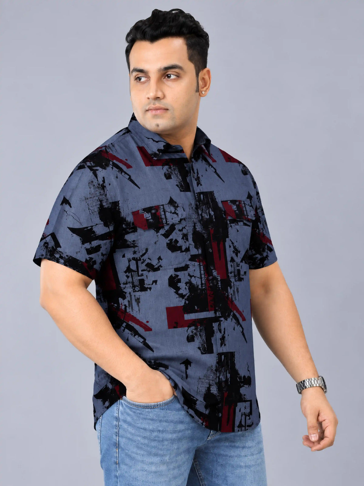 Urban Chaos Denim Printed Men's Plus Size Double Pocket Half Sleeve Shirt