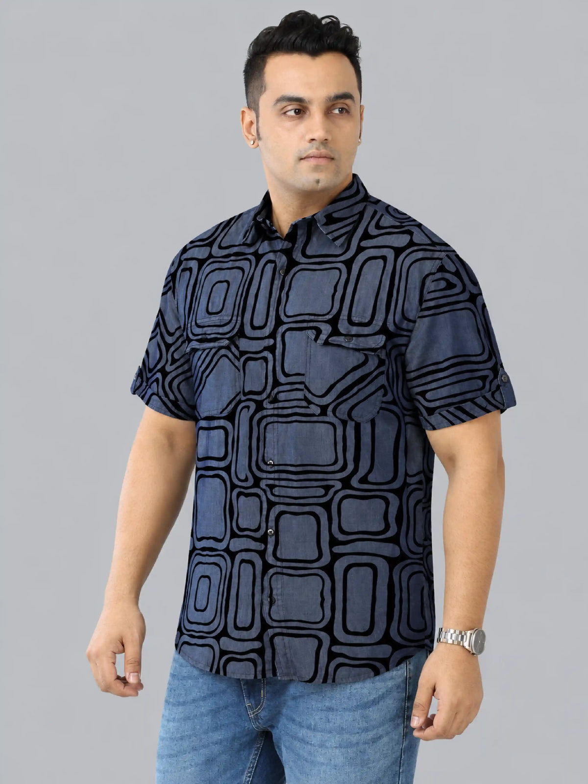 Retro Grid Denim Printed Men's Plus Size Double Pocket Half Sleeve Shirt