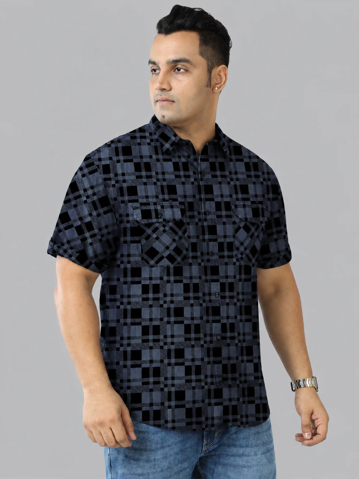 Black checks Denim Printed Men's Plus Size Double Pocket Half Sleeve Shirt