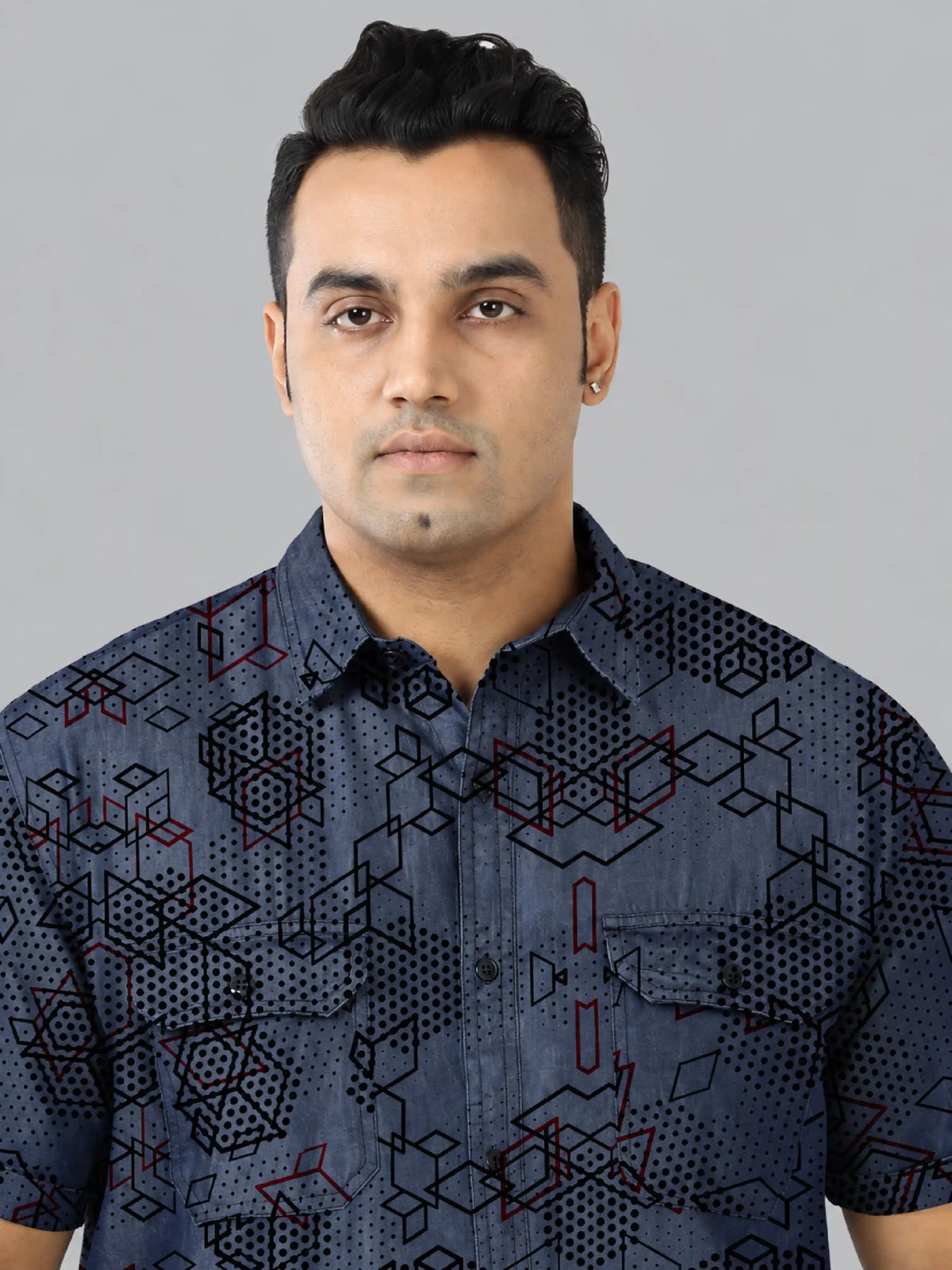 Digital Matrix Denim Printed Men's Plus Size Double Pocket Half Sleeve Shirt