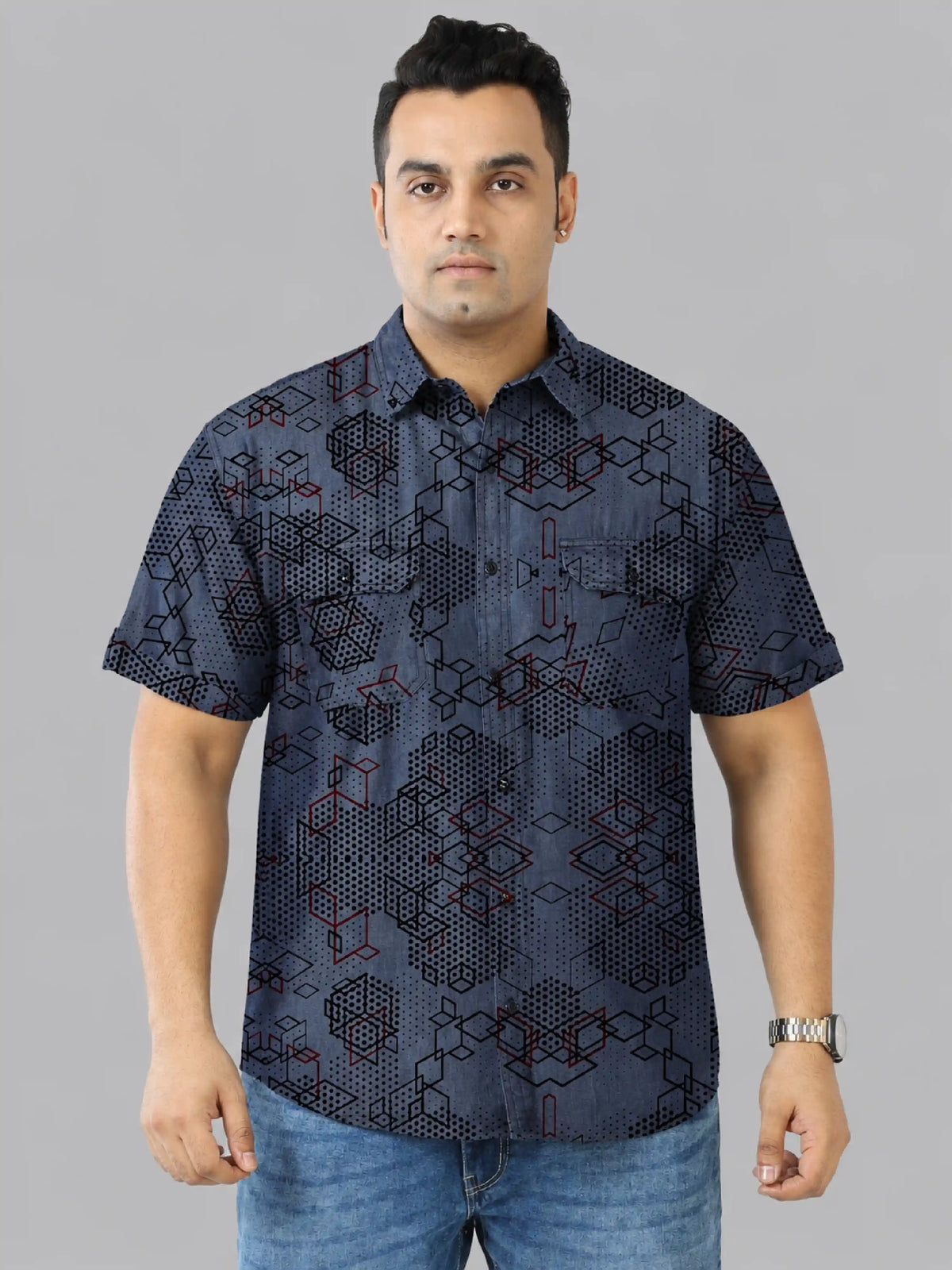 Digital Matrix Denim Printed Men's Plus Size Double Pocket Half Sleeve Shirt