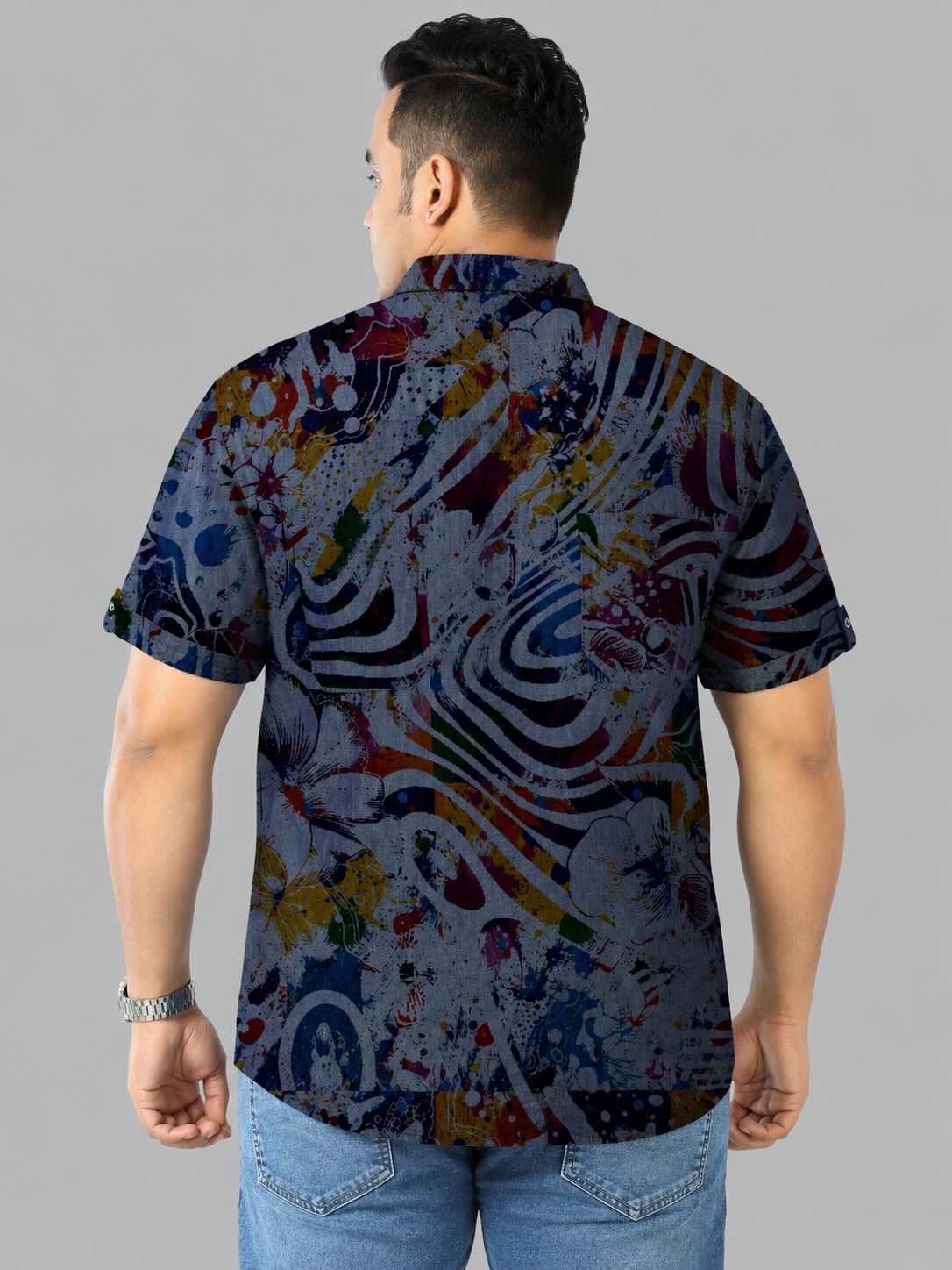 Abstract Floral Indigo Denim Printed Men's Plus Size Double Pocket Half Sleeve Shirt