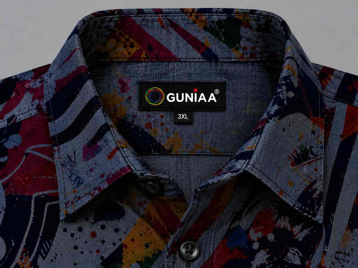 Abstract Floral Indigo Denim Printed Men's Plus Size Double Pocket Half Sleeve Shirt
