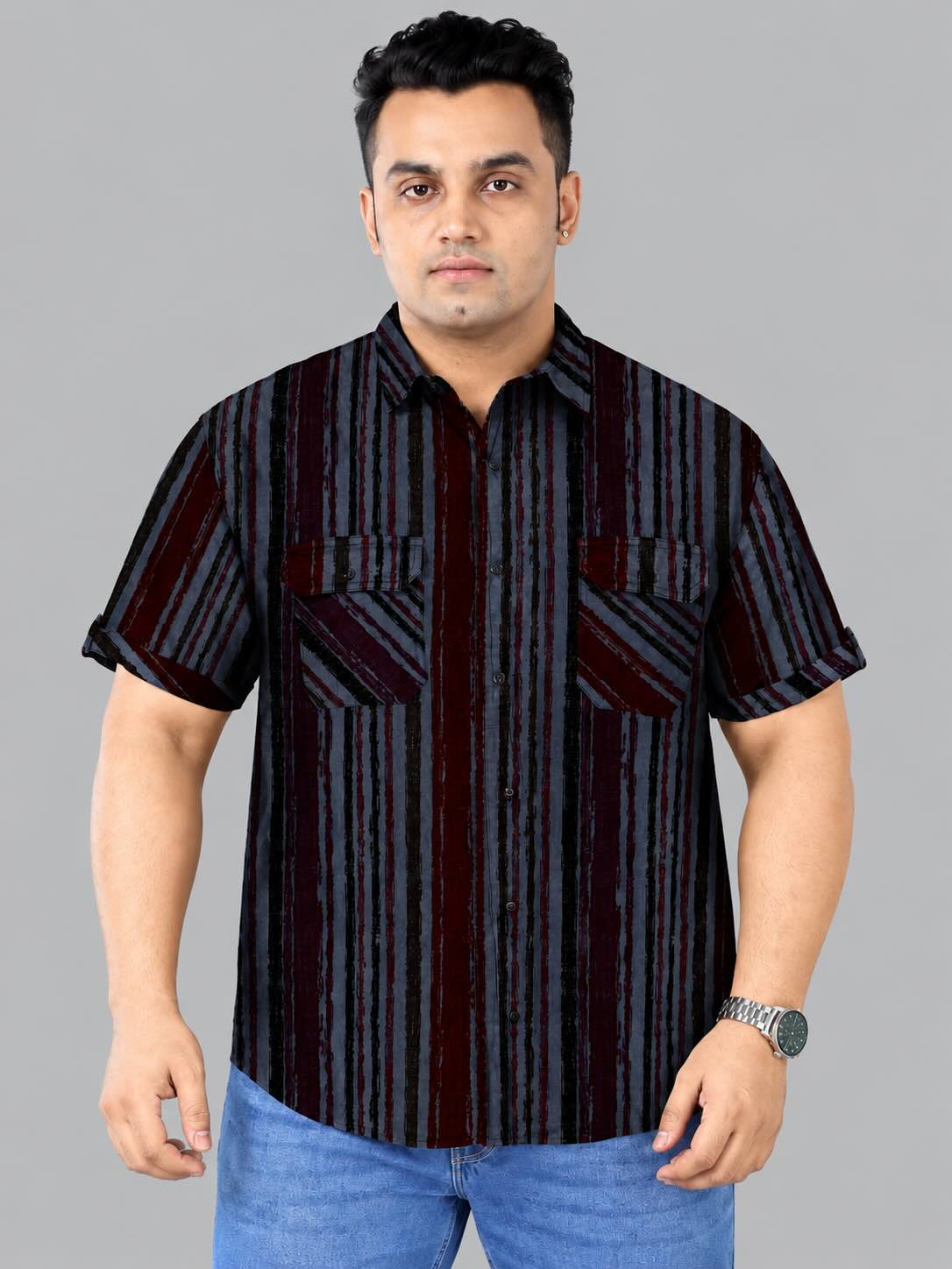 Vertical Stripe Indigo Denim Printed Men's Plus Size Double Pocket Half Sleeve Shirt