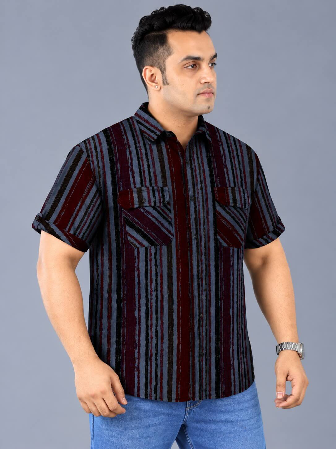 Vertical Stripe Indigo Denim Printed Men's Plus Size Double Pocket Half Sleeve Shirt