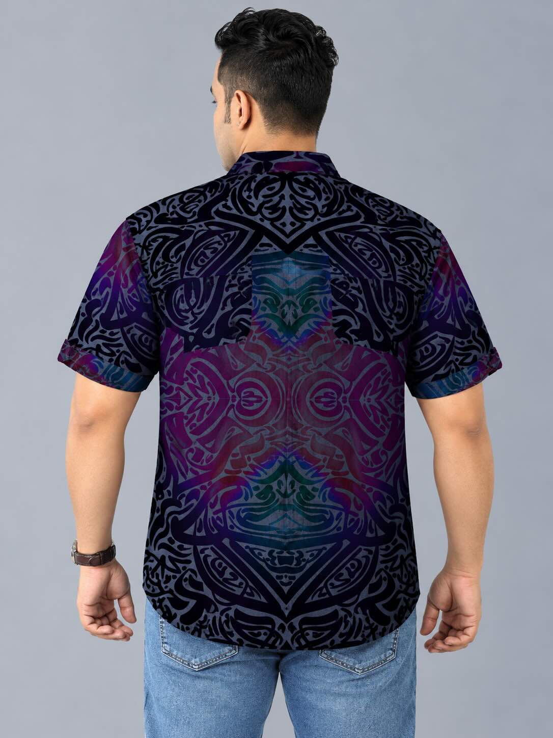 Colorwave Indigo Denim Printed Men's Plus Size Double Pocket Half Sleeve Shirt