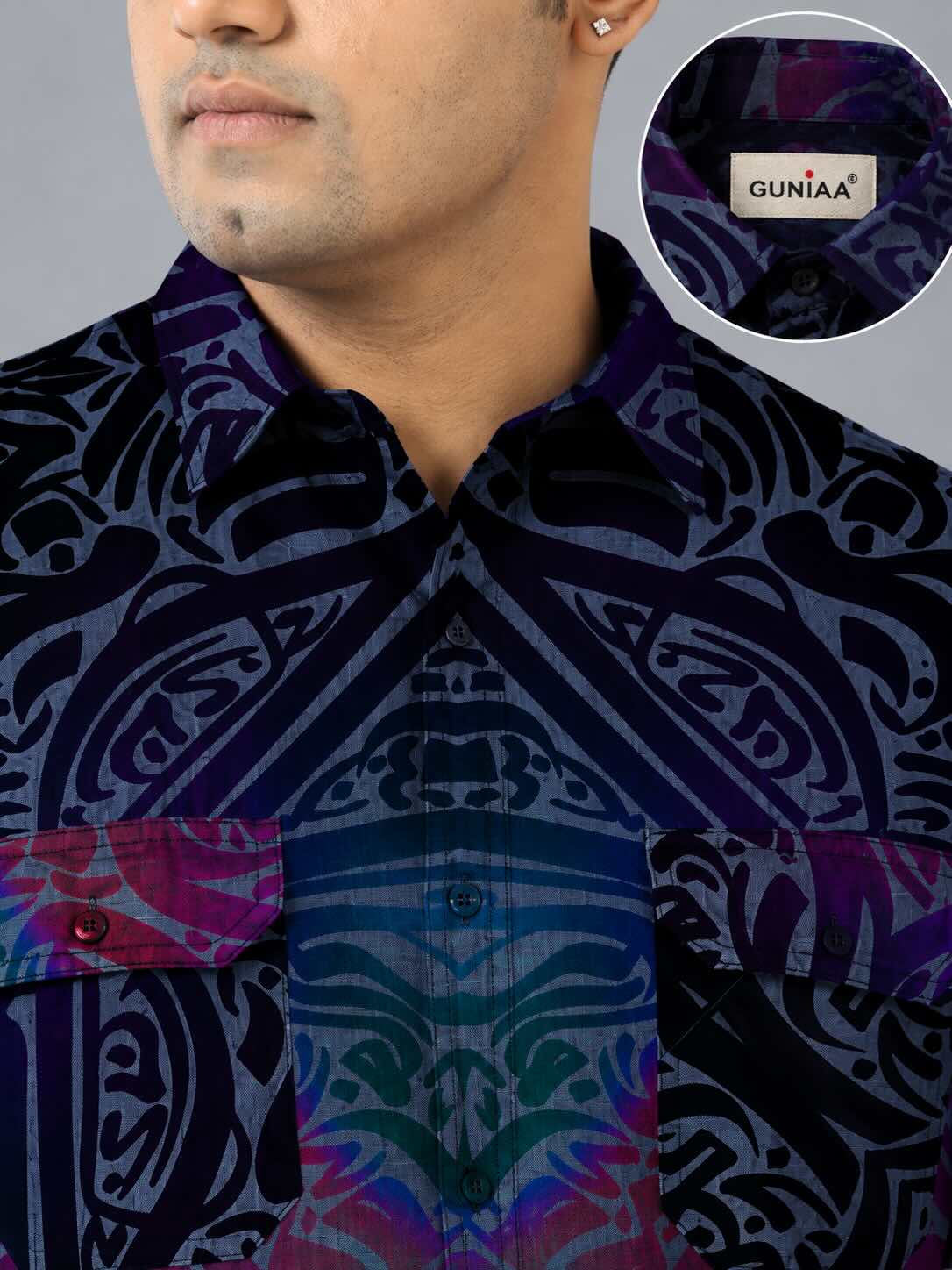 Colorwave Indigo Denim Printed Men's Plus Size Double Pocket Half Sleeve Shirt