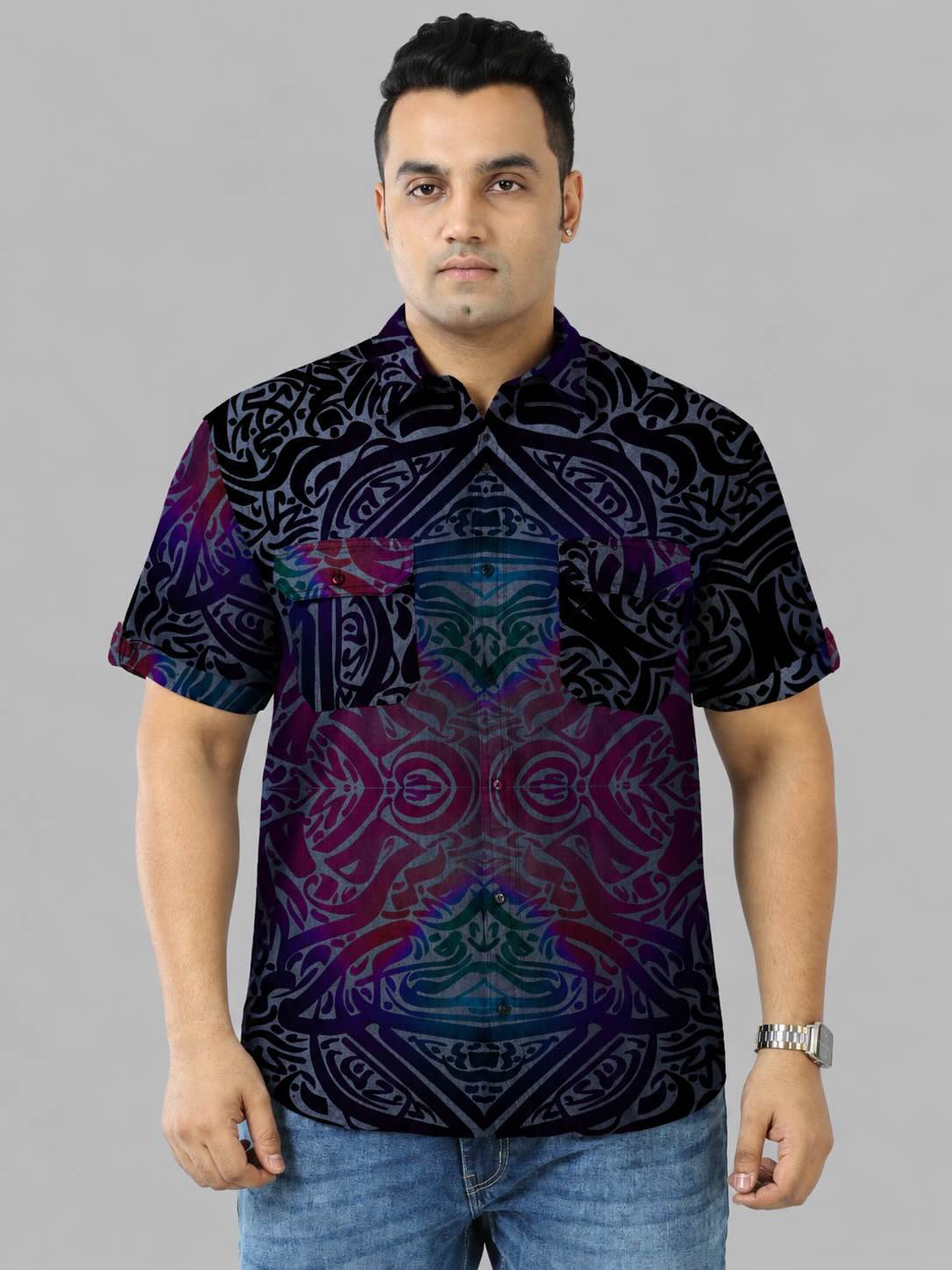 Colorwave Indigo Denim Printed Men's Plus Size Double Pocket Half Sleeve Shirt