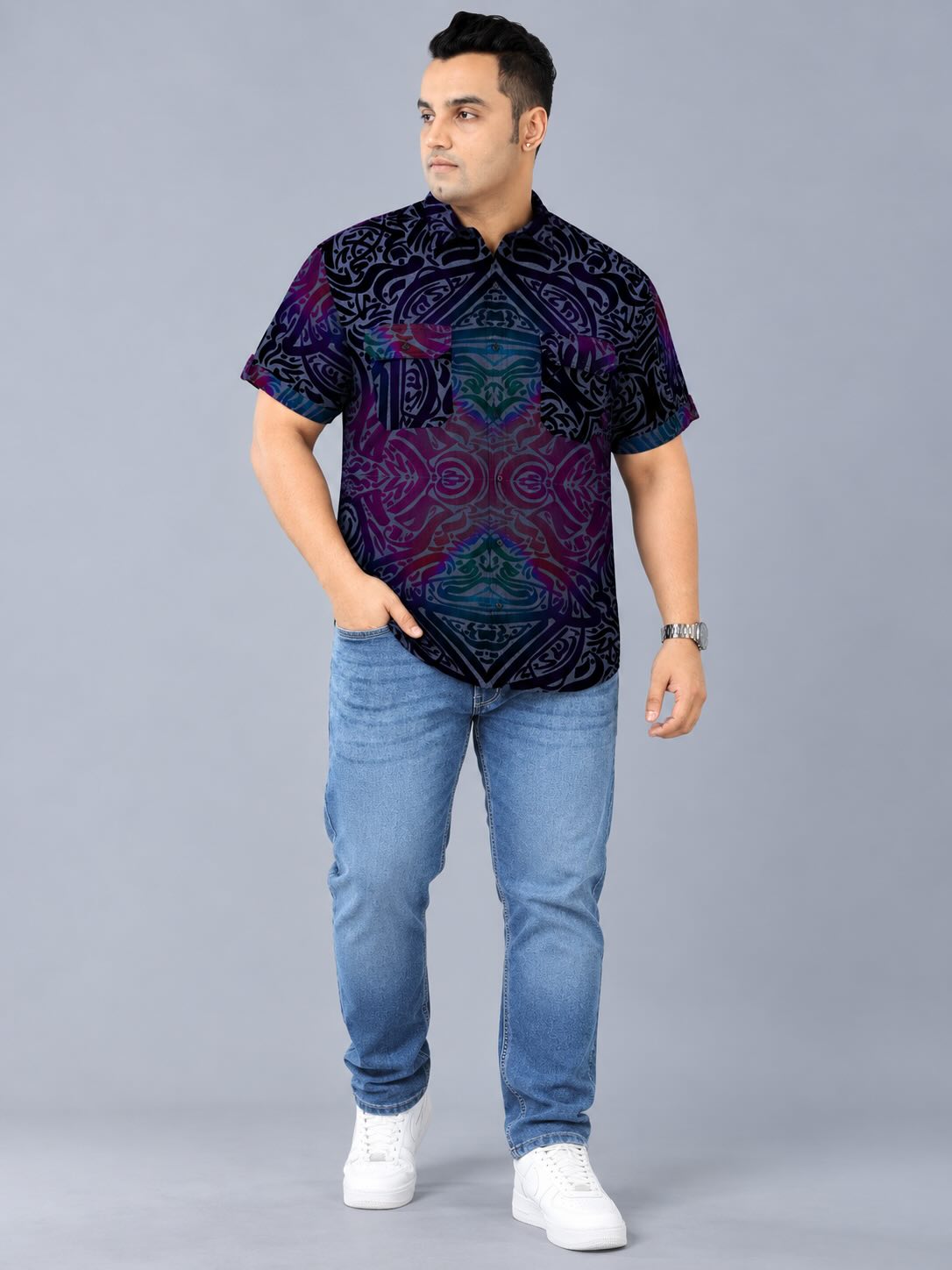 Colorwave Indigo Denim Printed Men's Plus Size Double Pocket Half Sleeve Shirt