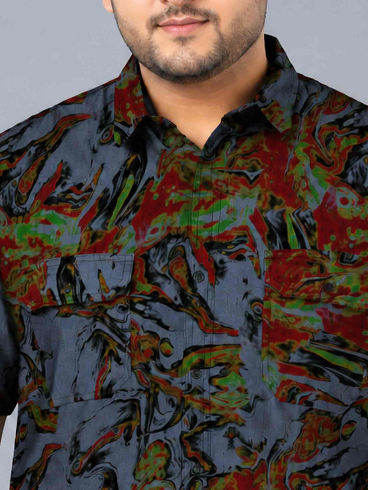 Firestorm Indigo Denim Printed Men's Plus Size Double Pocket Half Sleeve Shirt
