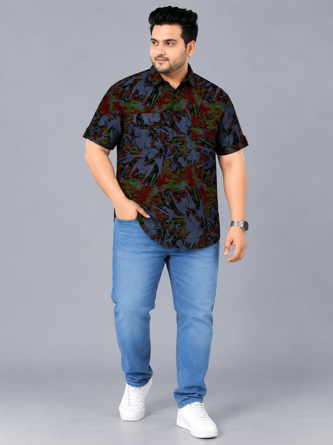 Firestorm Indigo Denim Printed Men's Plus Size Double Pocket Half Sleeve Shirt