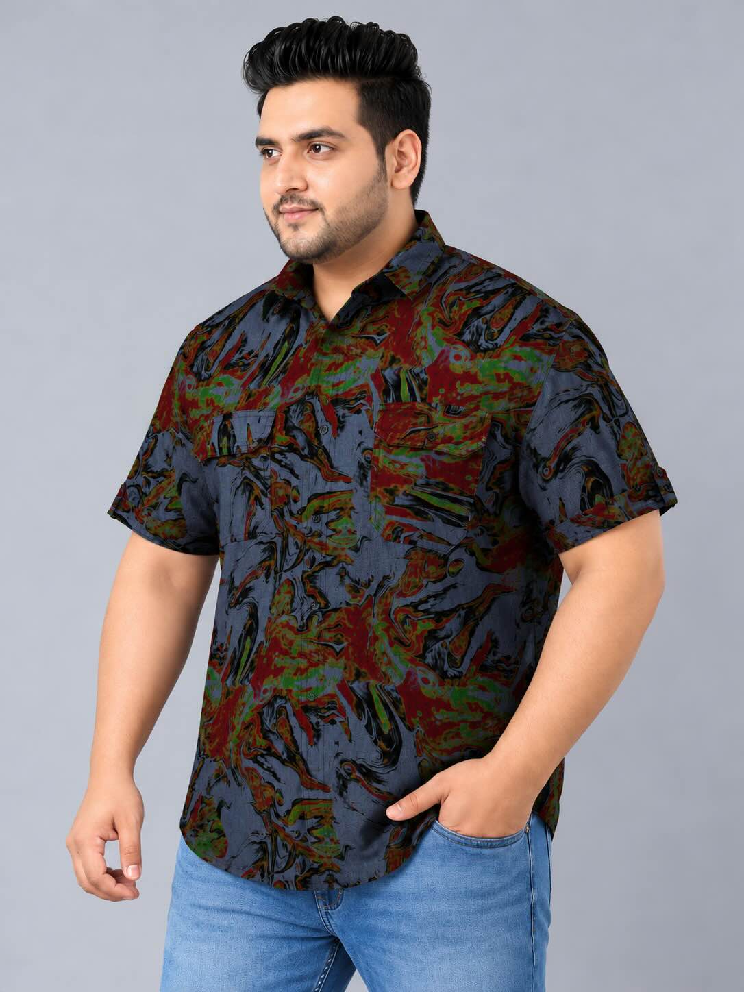 Firestorm Indigo Denim Printed Men's Plus Size Double Pocket Half Sleeve Shirt