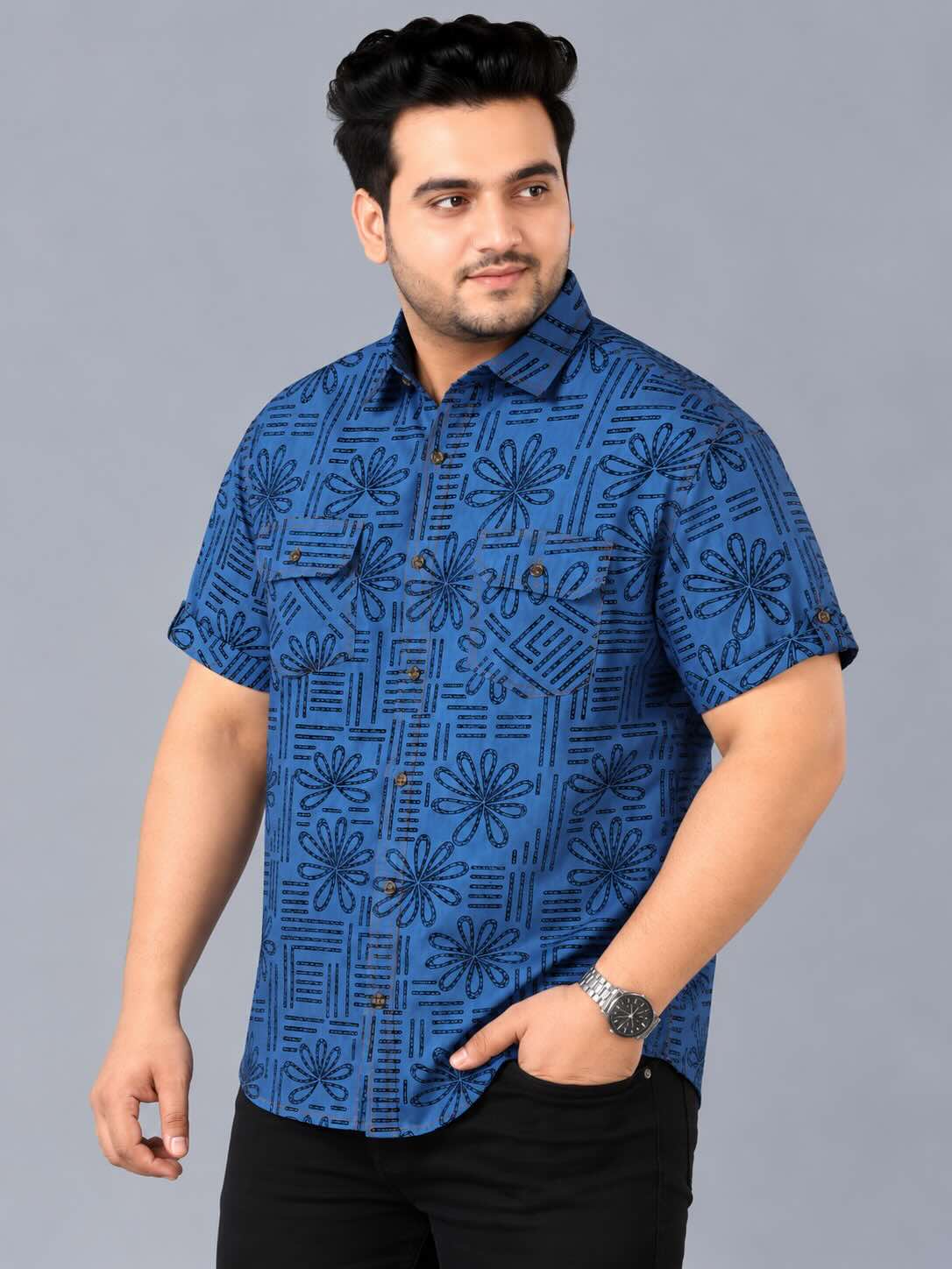 Bloom Line Blue Denim Printed Men's Plus Size Double Pocket Half Sleeve Shirt
