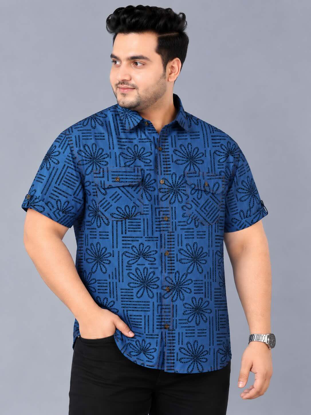 Bloom Line Blue Denim Printed Men's Plus Size Double Pocket Half Sleeve Shirt