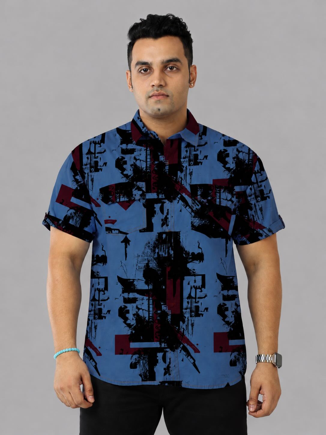 Urban Chaos Blue Denim Printed Men's Plus Size Double Pocket Half Sleeve Shirt