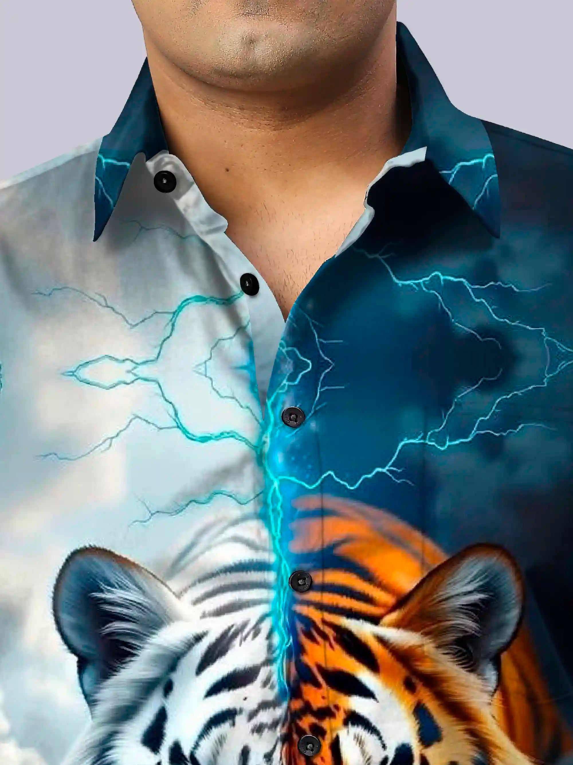 Tiger White and Orange Digital Printed Party Wear Men's Plus Size Full Shirt