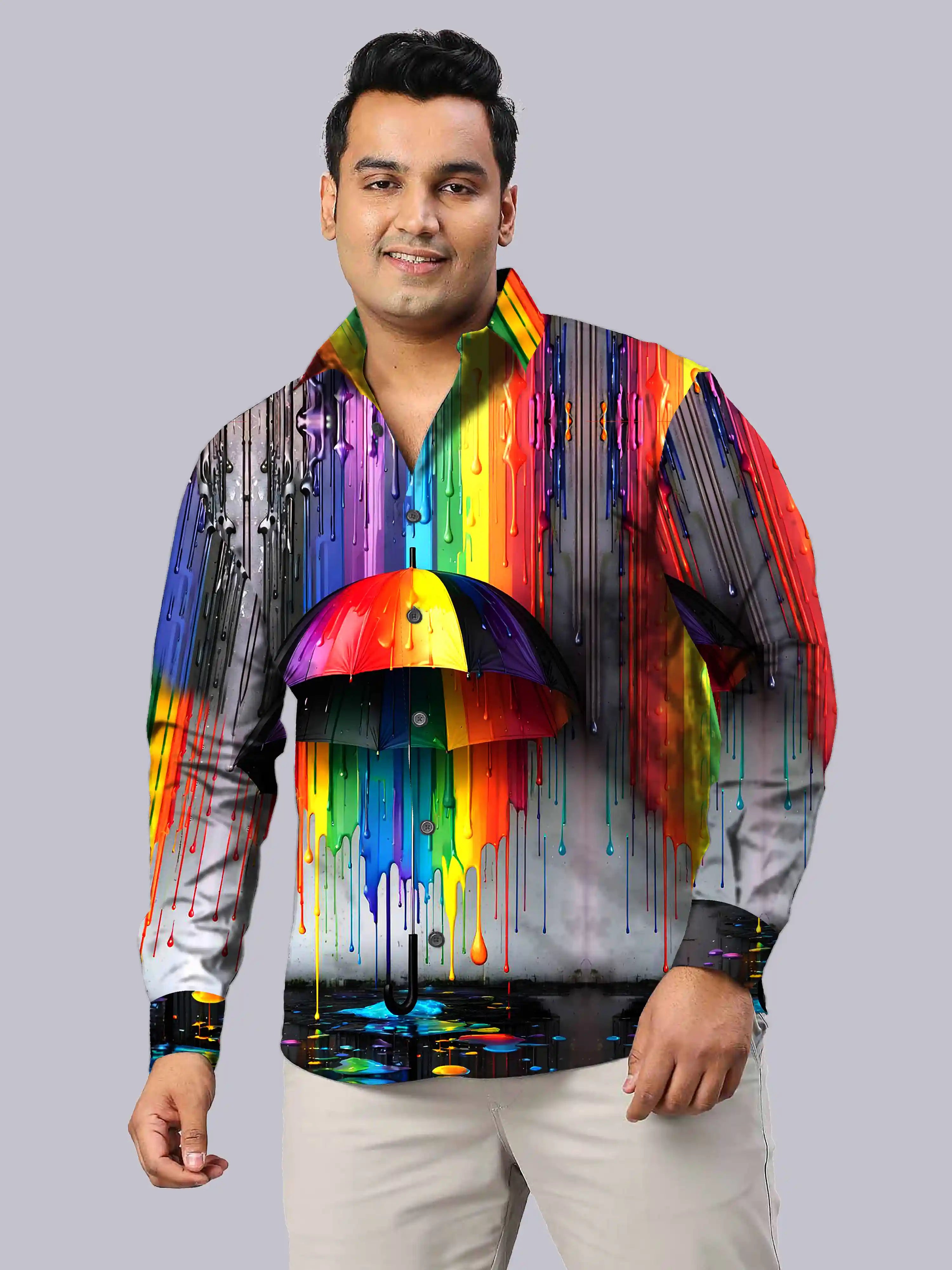 Colorful Umbrella Digital Printed Party Wear Men's Plus Size Full Shirt
