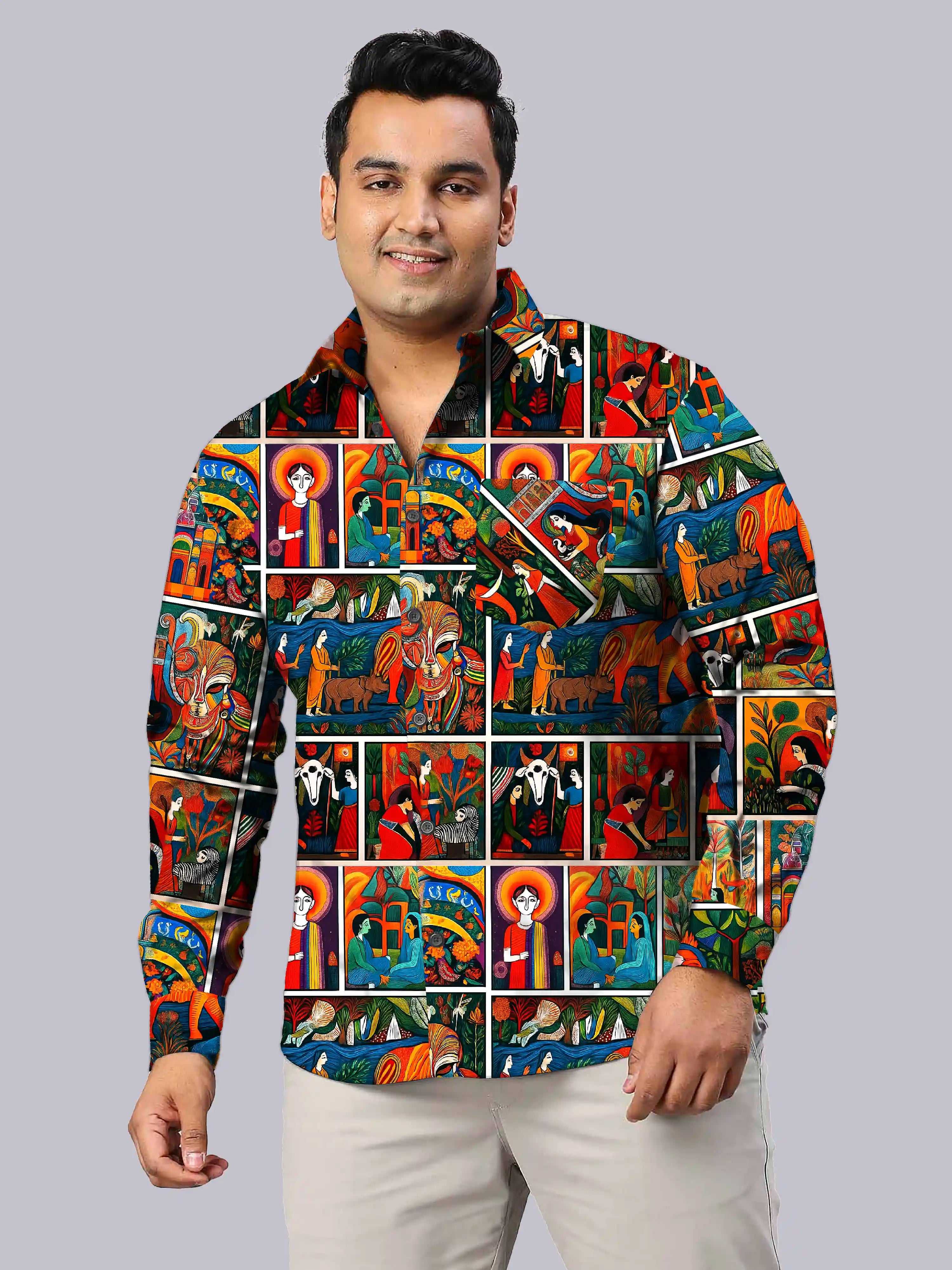 Tribal Art Digital Printed Party Wear Men's Plus Size Full Shirt