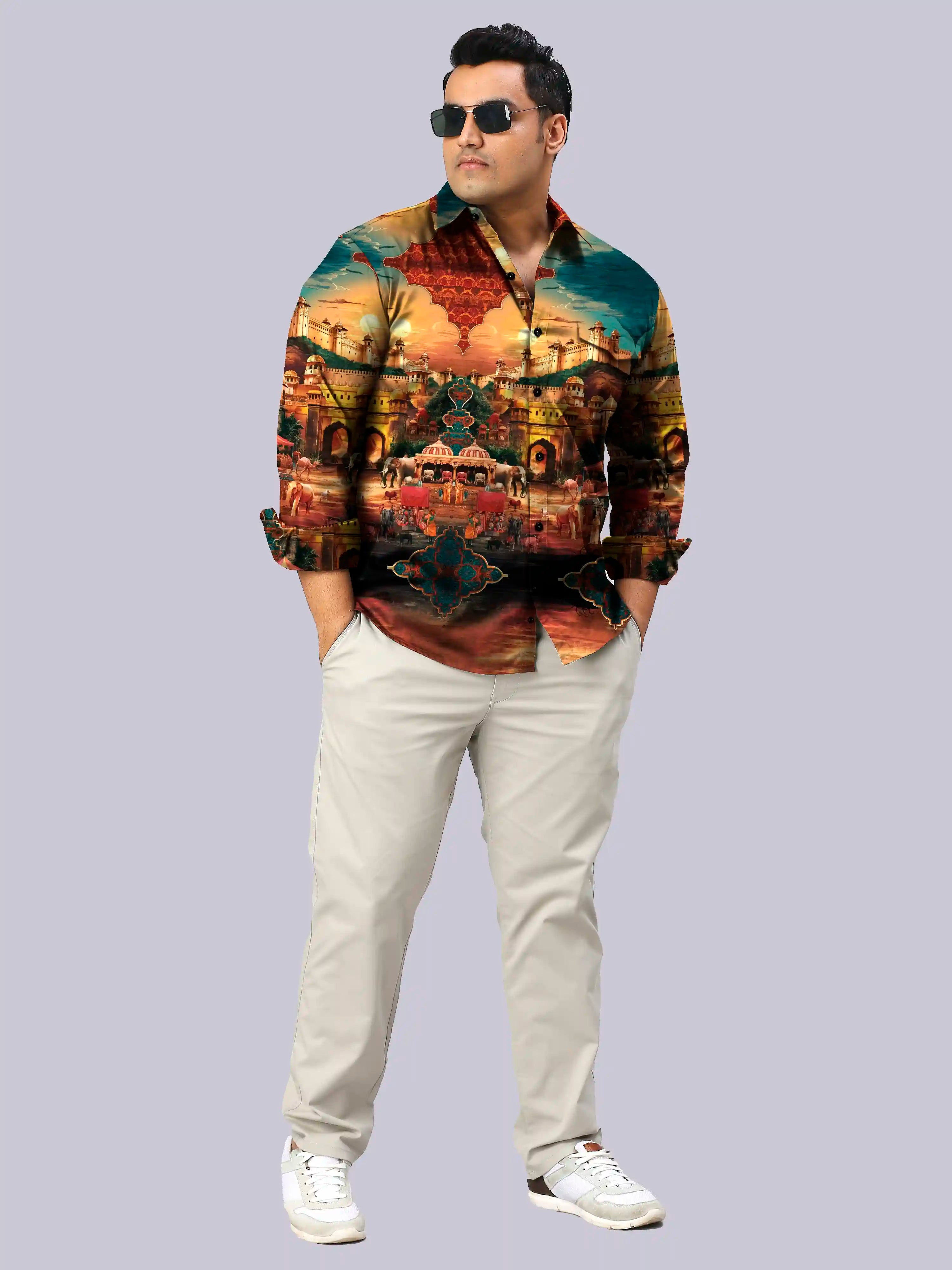 Mughal Arts Digital Printed Party Wear Men's Plus Size Full Shirt