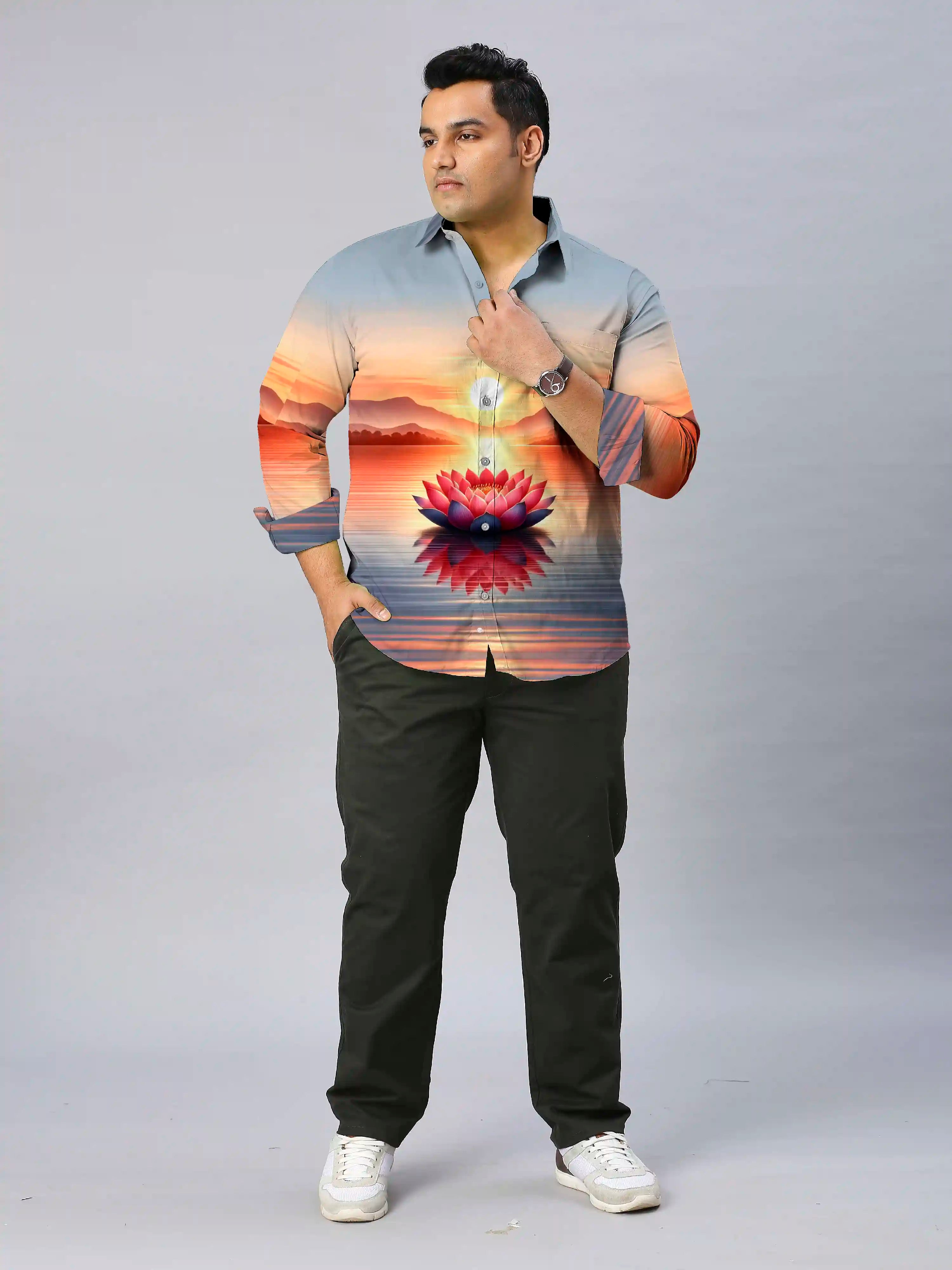 Lotus Flower Digital Printed Party Wear Men's Plus Size Full Shirt