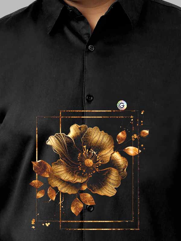 Golden Flower Leaves Printed Party Wear Shirts Men's Plus Size