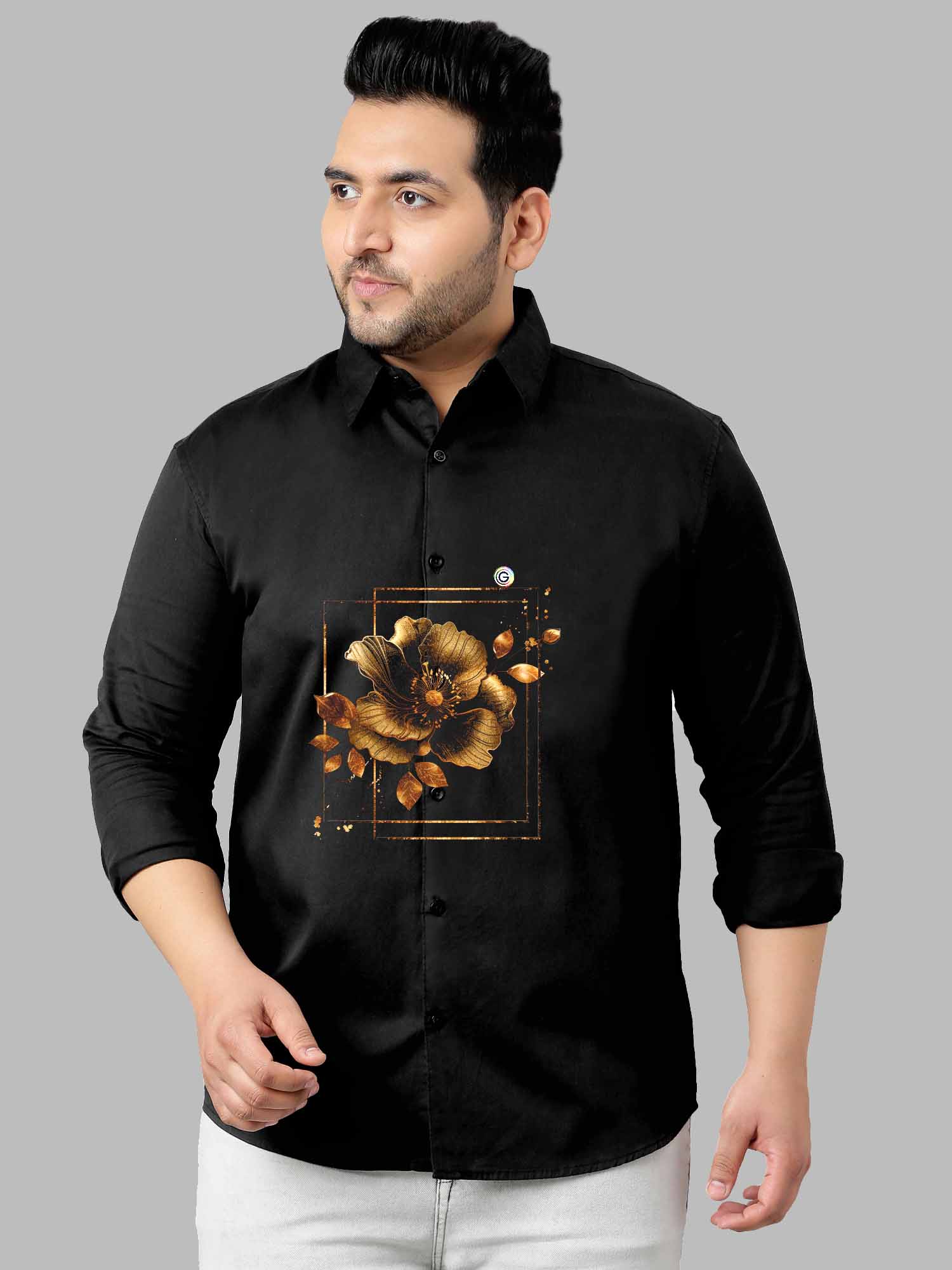 Golden Flower Leaves Printed Party Wear Shirts Men's Plus Size