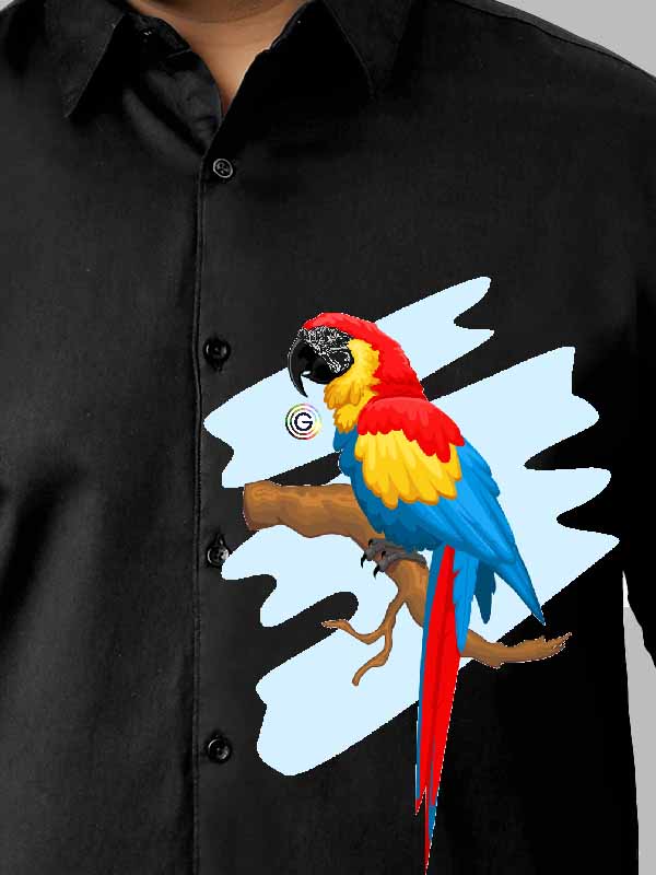 Colorful Parrot Black Printed Party Wear Shirts Men's Plus Size