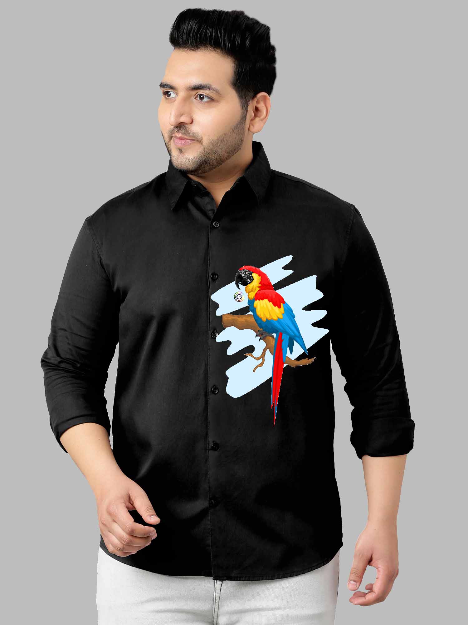 Colorful Parrot Black Printed Party Wear Shirts Men's Plus Size