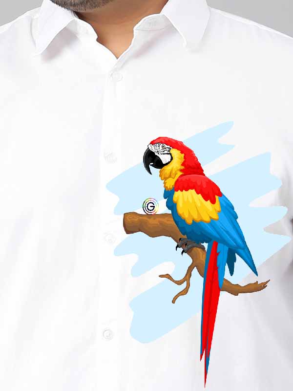 Colorful Parrot White Printed Party Wear Shirts Men's Plus Size