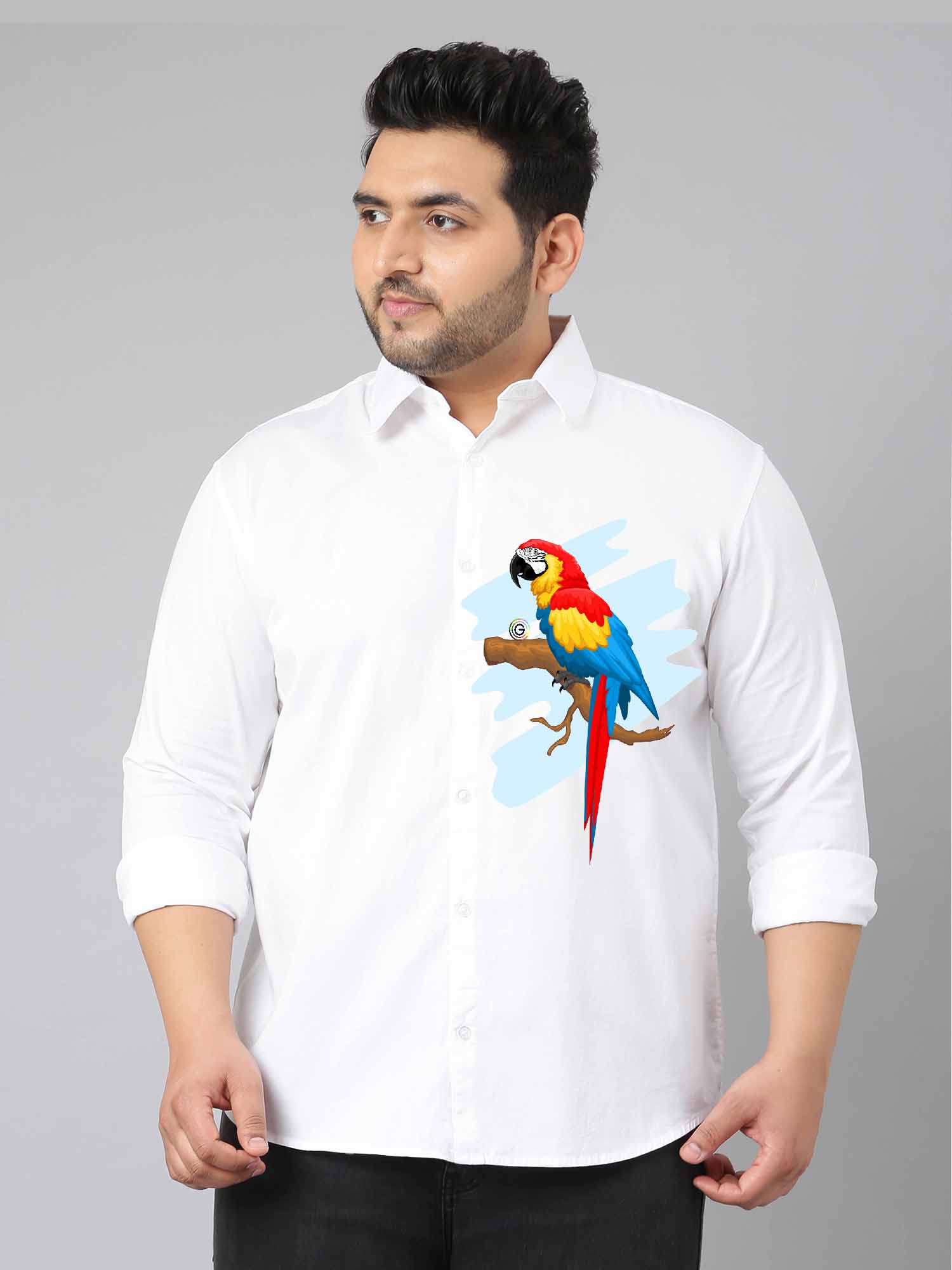 Colorful Parrot White Printed Party Wear Shirts Men's Plus Size