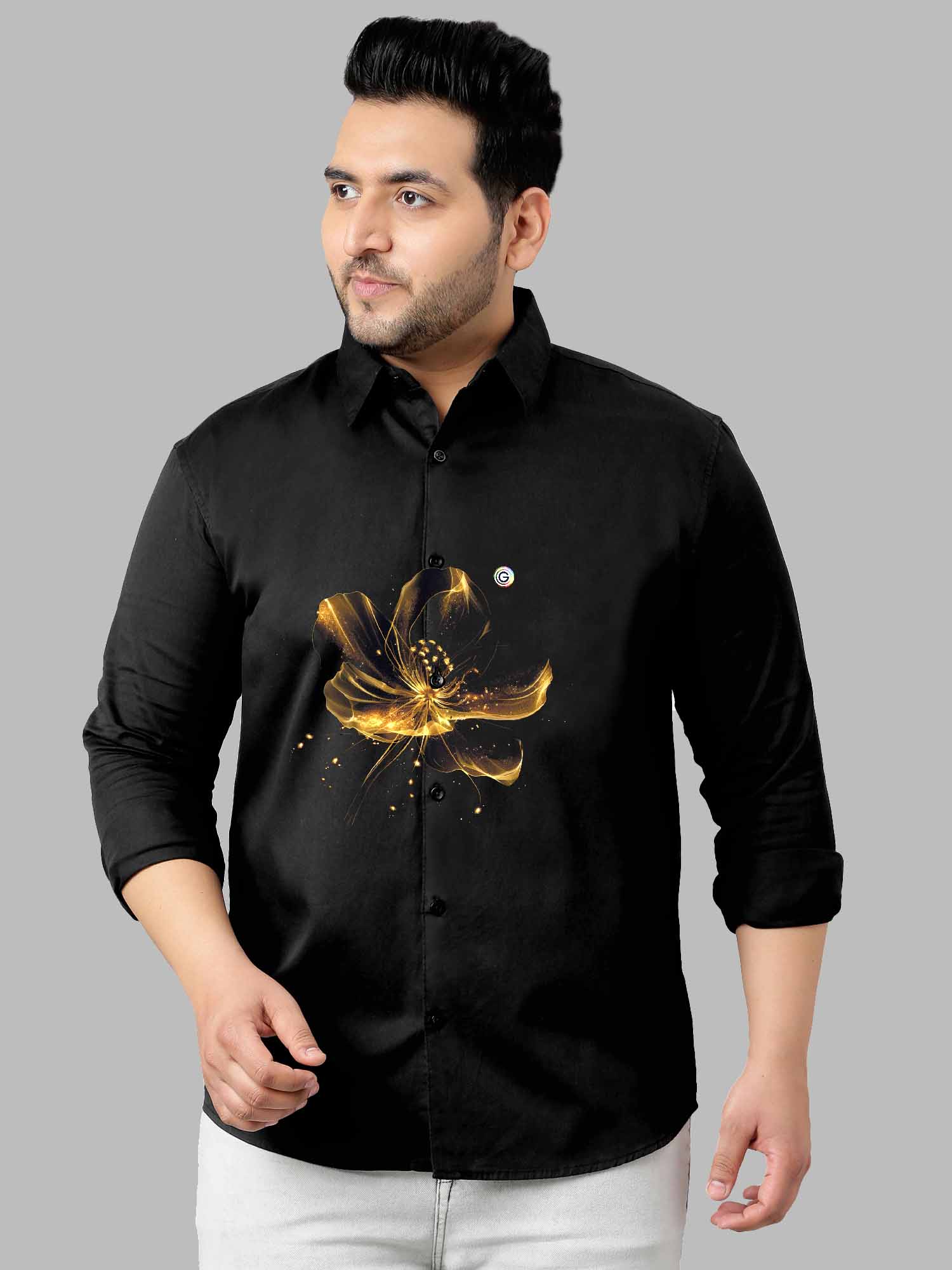 Golden Flower Printed Party Wear Shirts Men's Plus Size