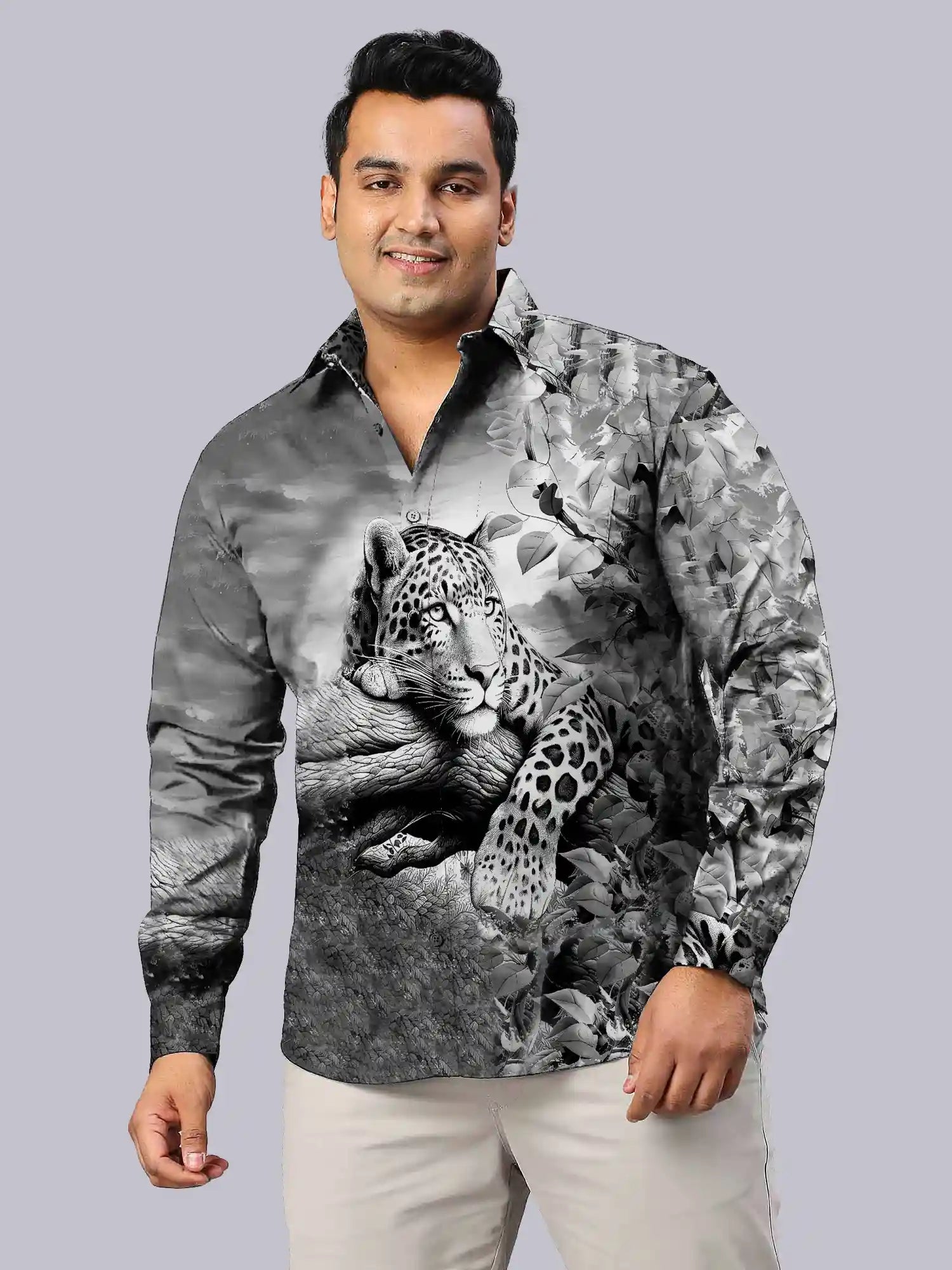 Bengal Tiger Black Digital Printed Party Wear Men's Plus Size Full Shirt