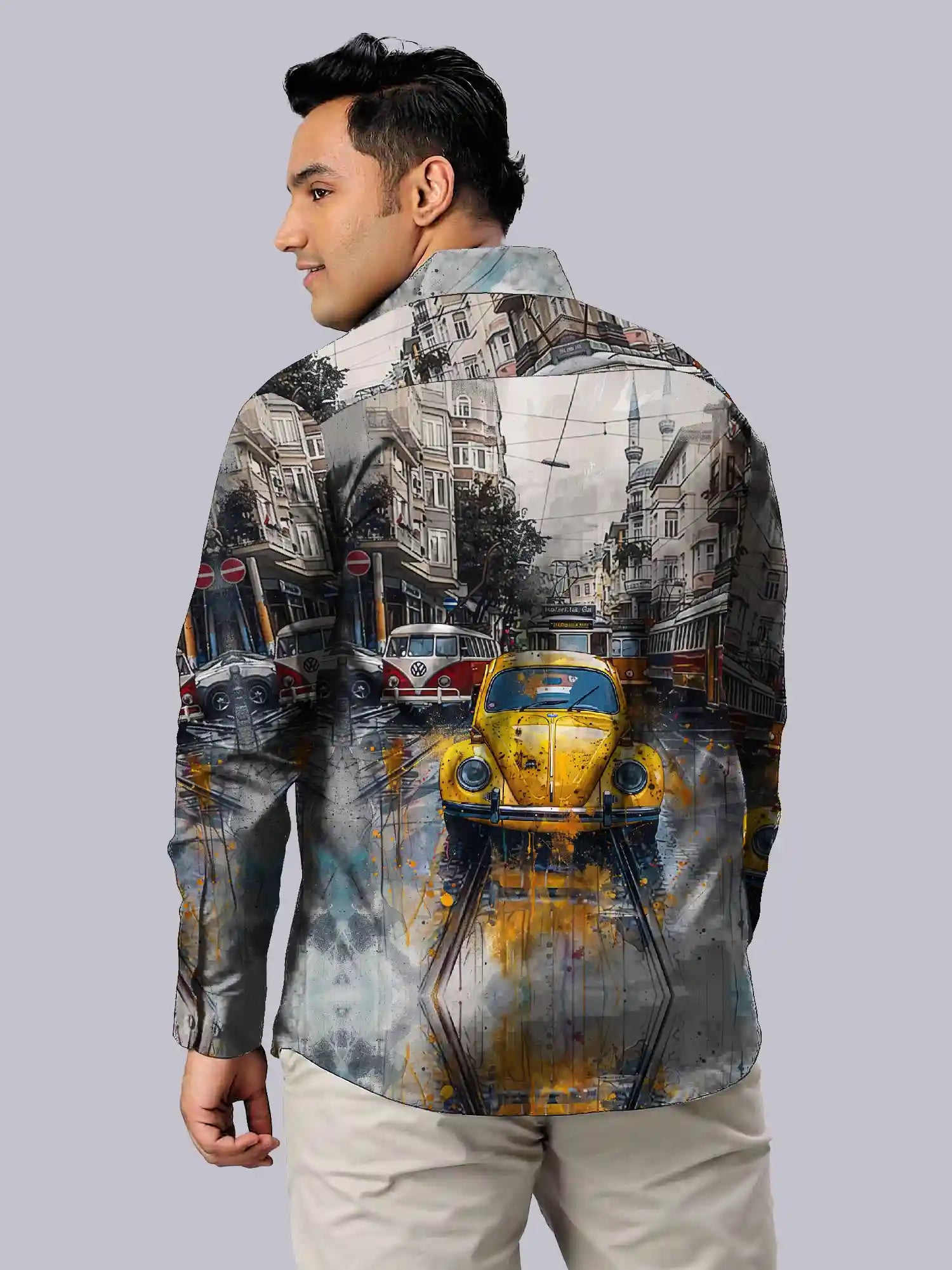 Vintage Car Digital Printed Party Wear Men's Plus Size Full Shirt