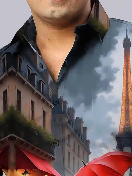Eiffel Tower Digital Printed Party Wear Men's Plus Size Full Shirt