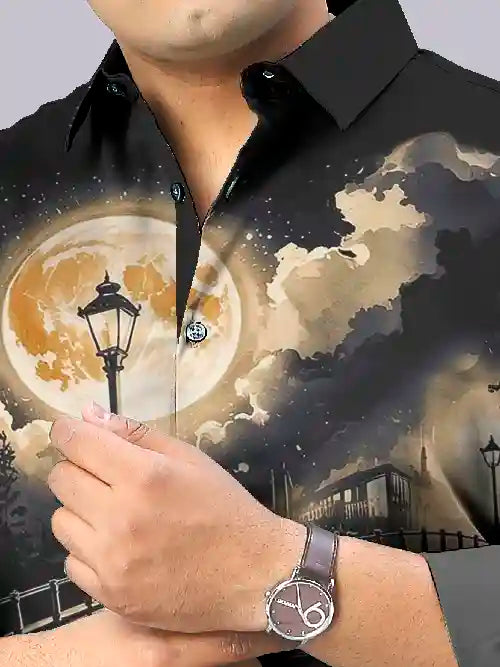 Cycle and Bridge Digital Printed Party Wear Men's Plus Size Full Shirt