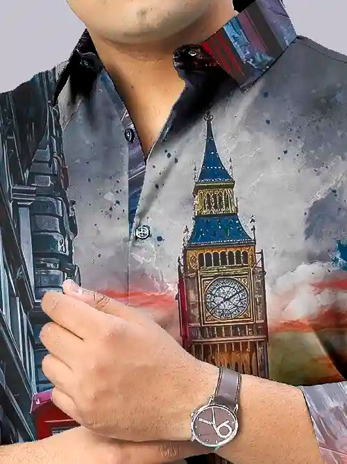 Paris Clock Tower Digital Printed Party Wear Men's Plus Size Full Shirt
