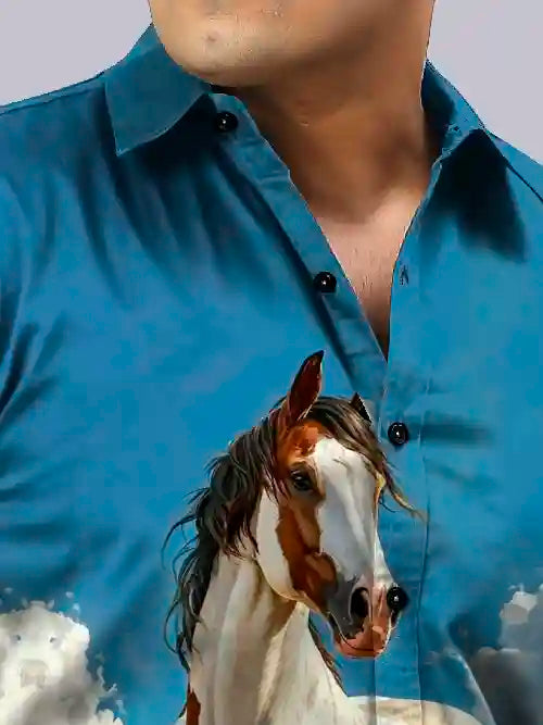 Horse Digital Printed Party Wear Men's Plus Size Full Shirt