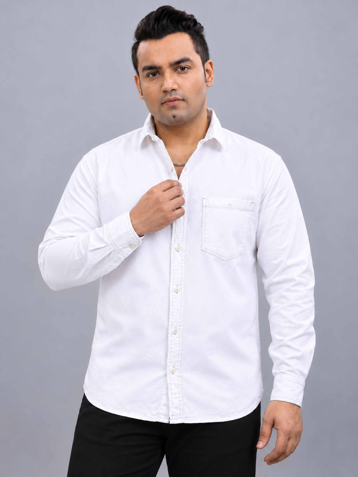 White Denim Lycra Men's Plus Size Full Sleeve Shirt