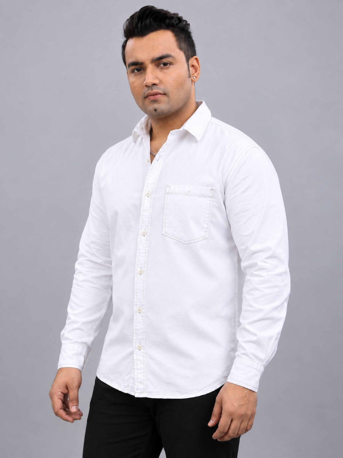 White Denim Lycra Men's Plus Size Full Sleeve Shirt