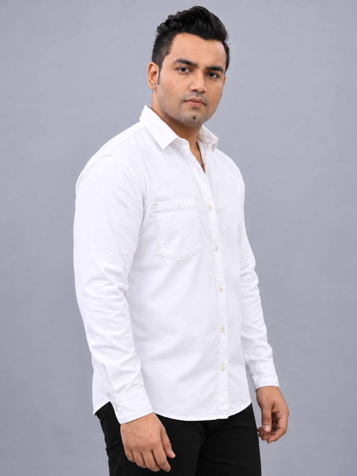 White Denim Lycra Men's Plus Size Full Sleeve Shirt